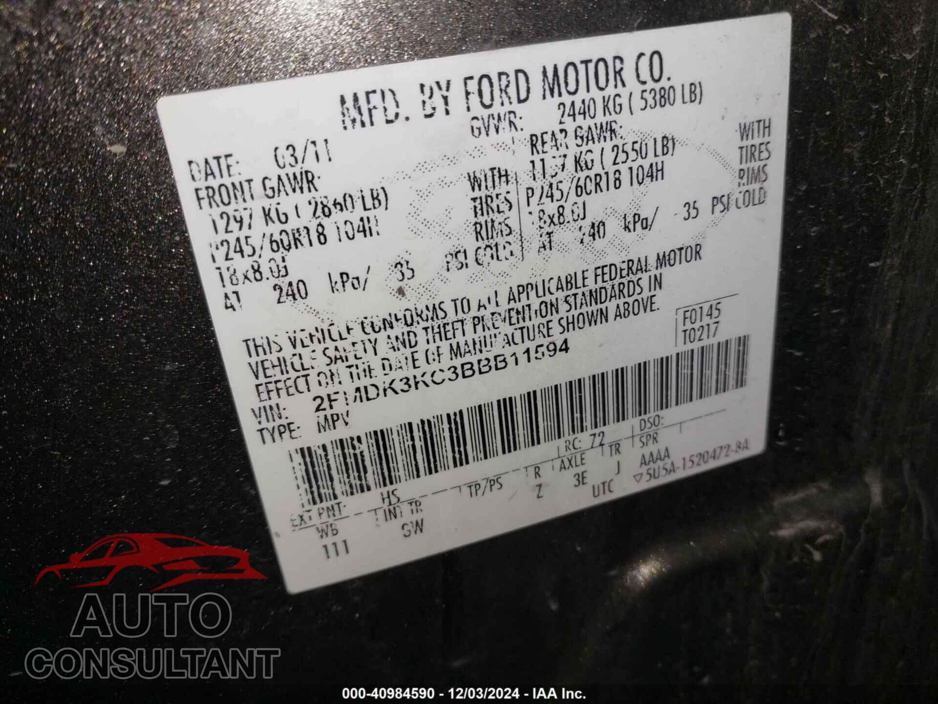 FORD EDGE 2011 - 2FMDK3KC3BBB11594