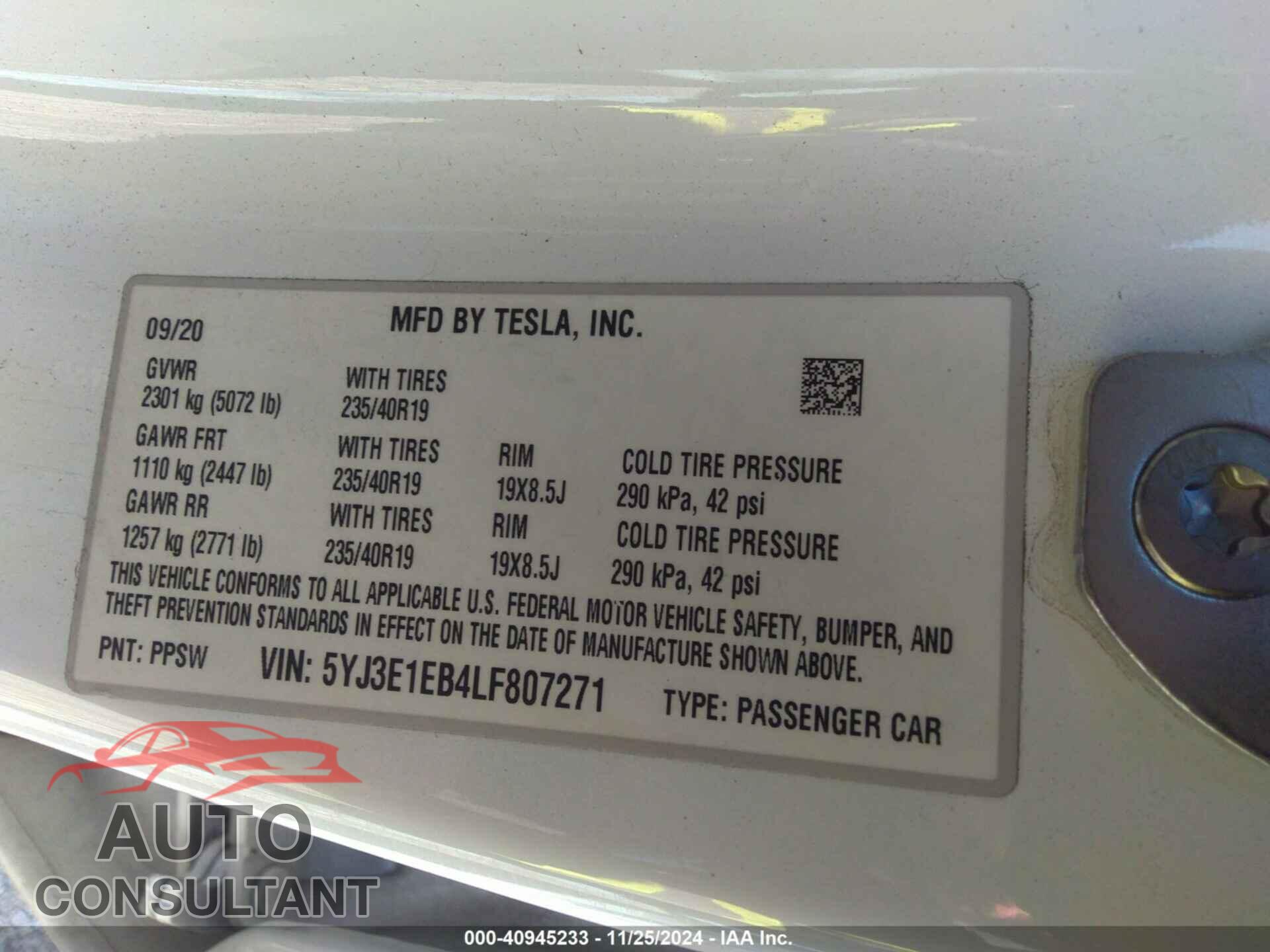 TESLA MODEL 3 2020 - 5YJ3E1EB4LF807271