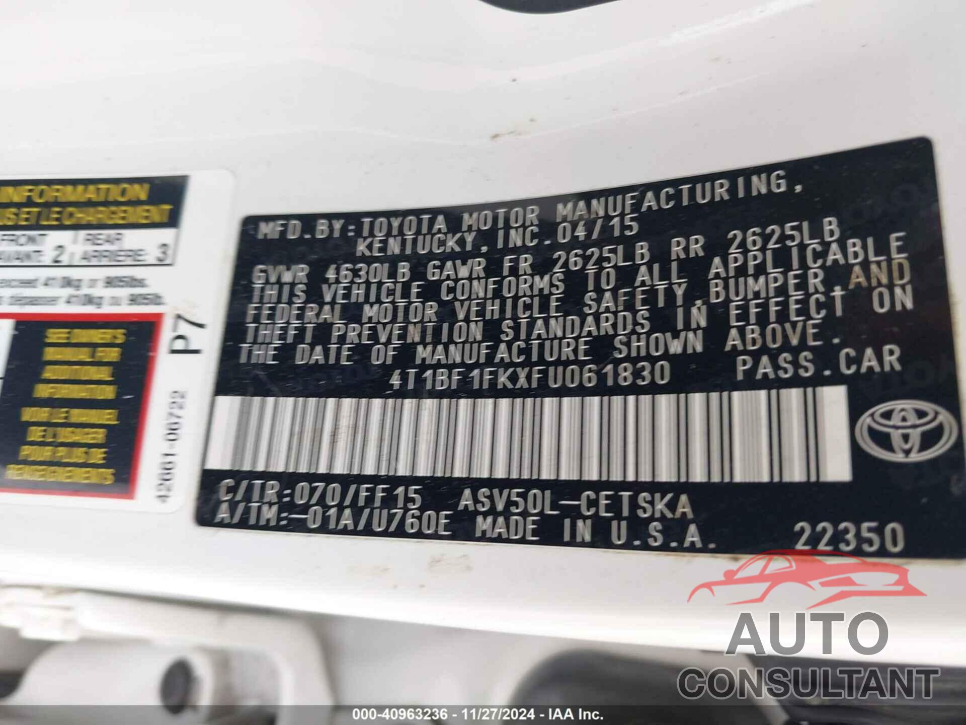 TOYOTA CAMRY 2015 - 4T1BF1FKXFU061830