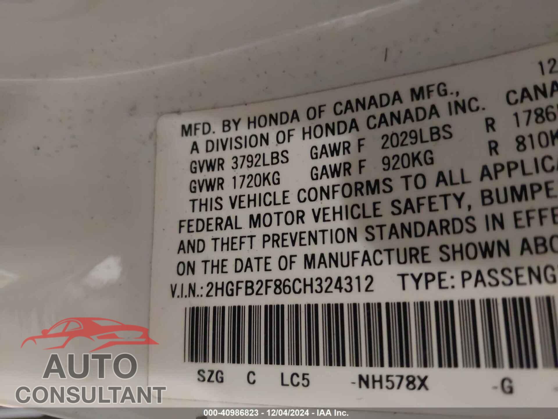 HONDA CIVIC 2012 - 2HGFB2F86CH324312
