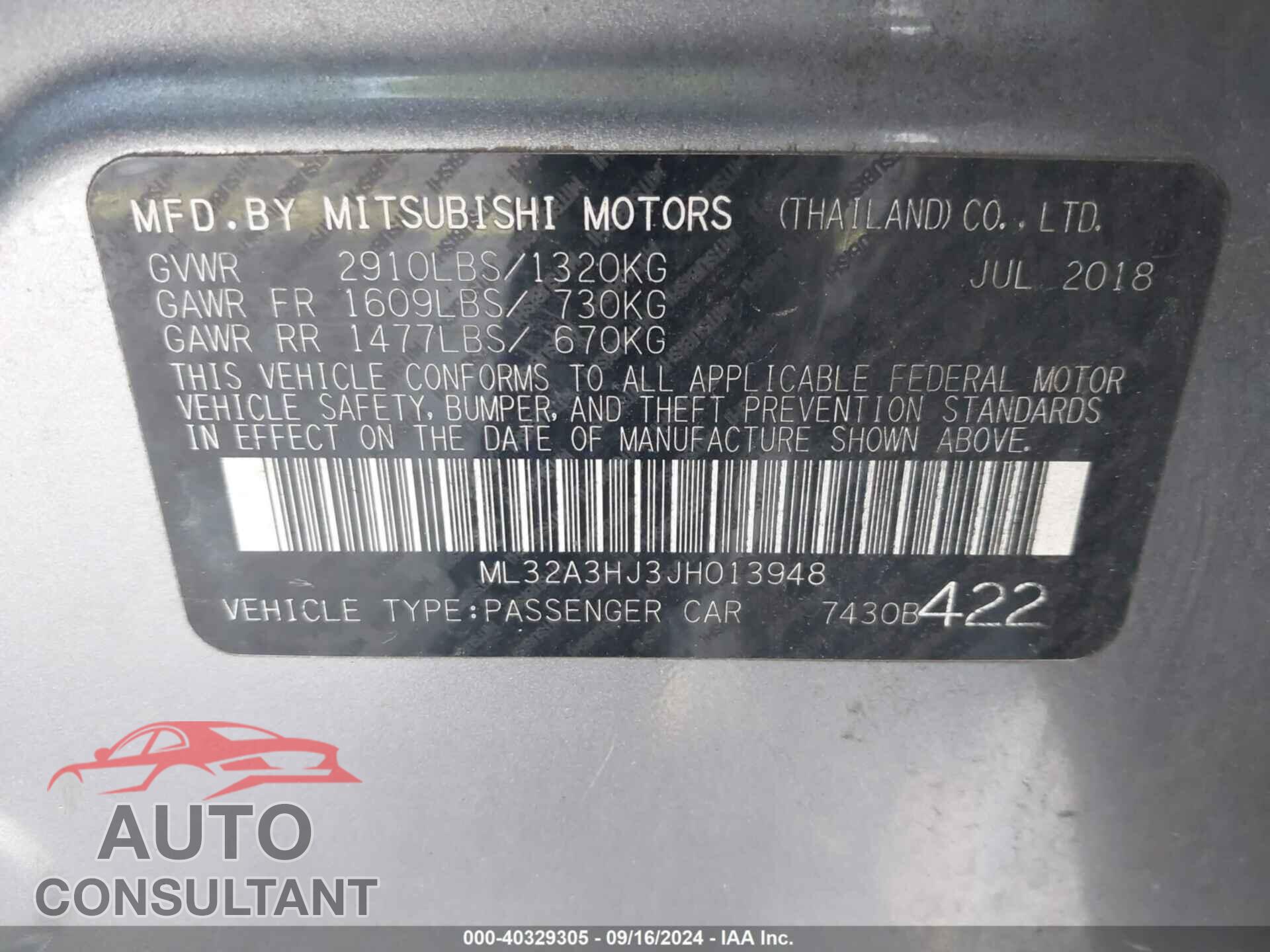 MITSUBISHI MIRAGE 2018 - ML32A3HJ3JH013948