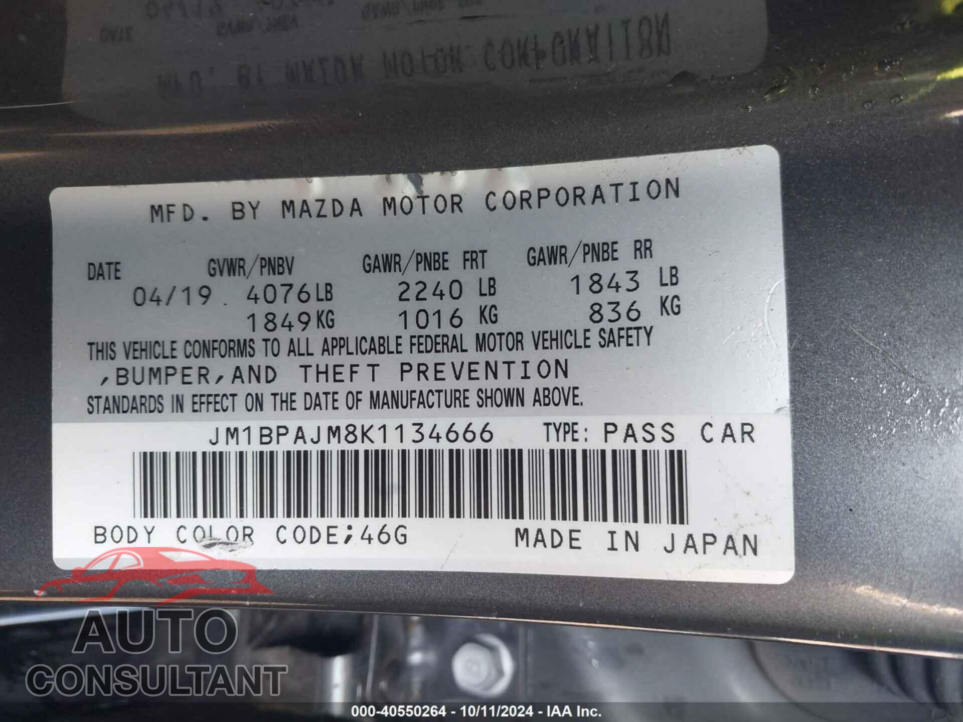MAZDA MAZDA3 2019 - JM1BPAJM8K1134666
