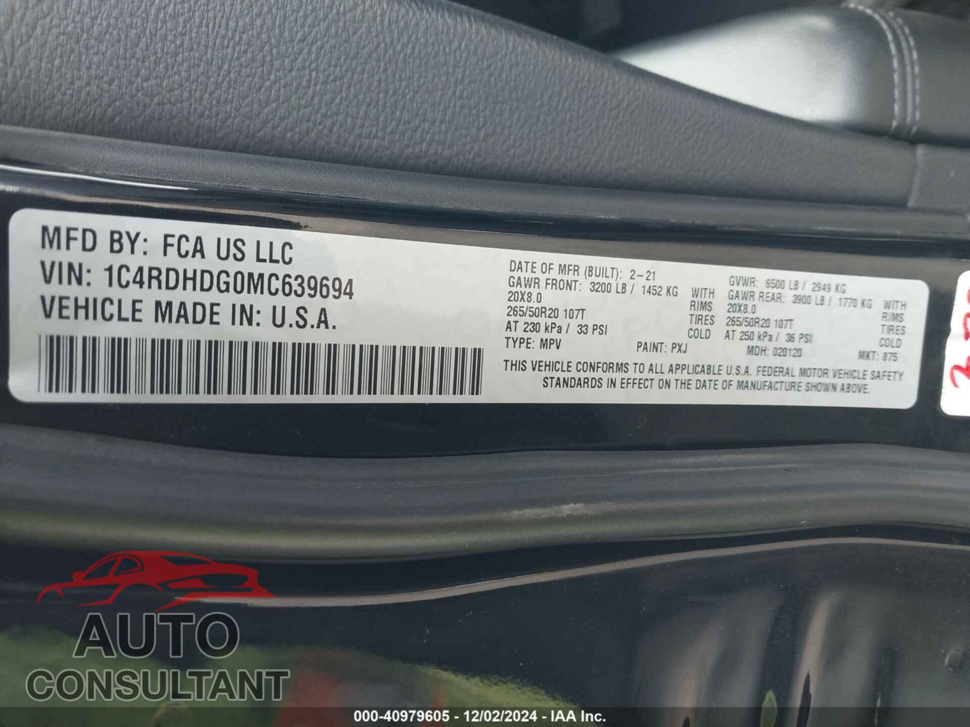 DODGE DURANGO 2021 - 1C4RDHDG0MC639694