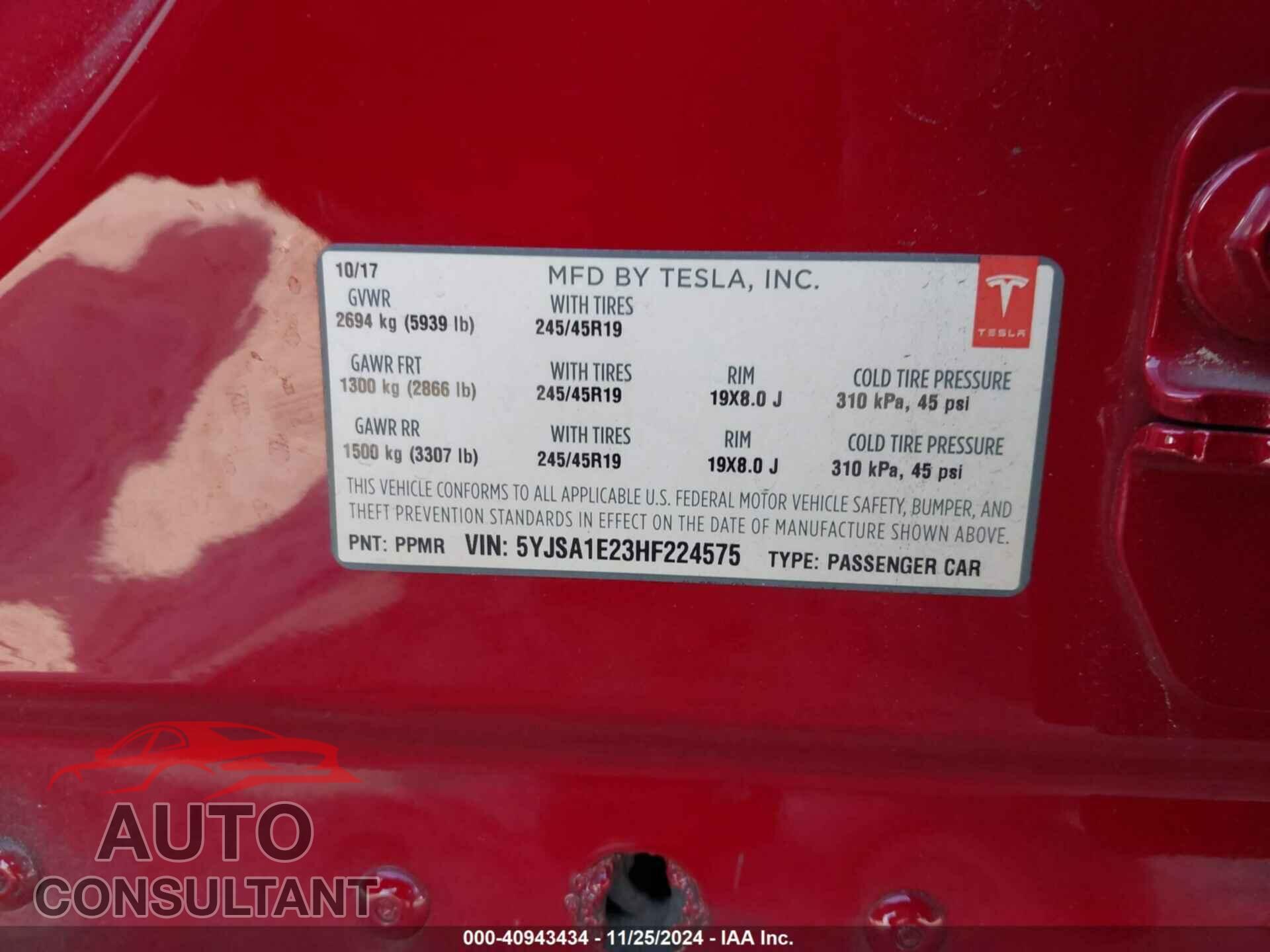 TESLA MODEL S 2017 - 5YJSA1E23HF224575