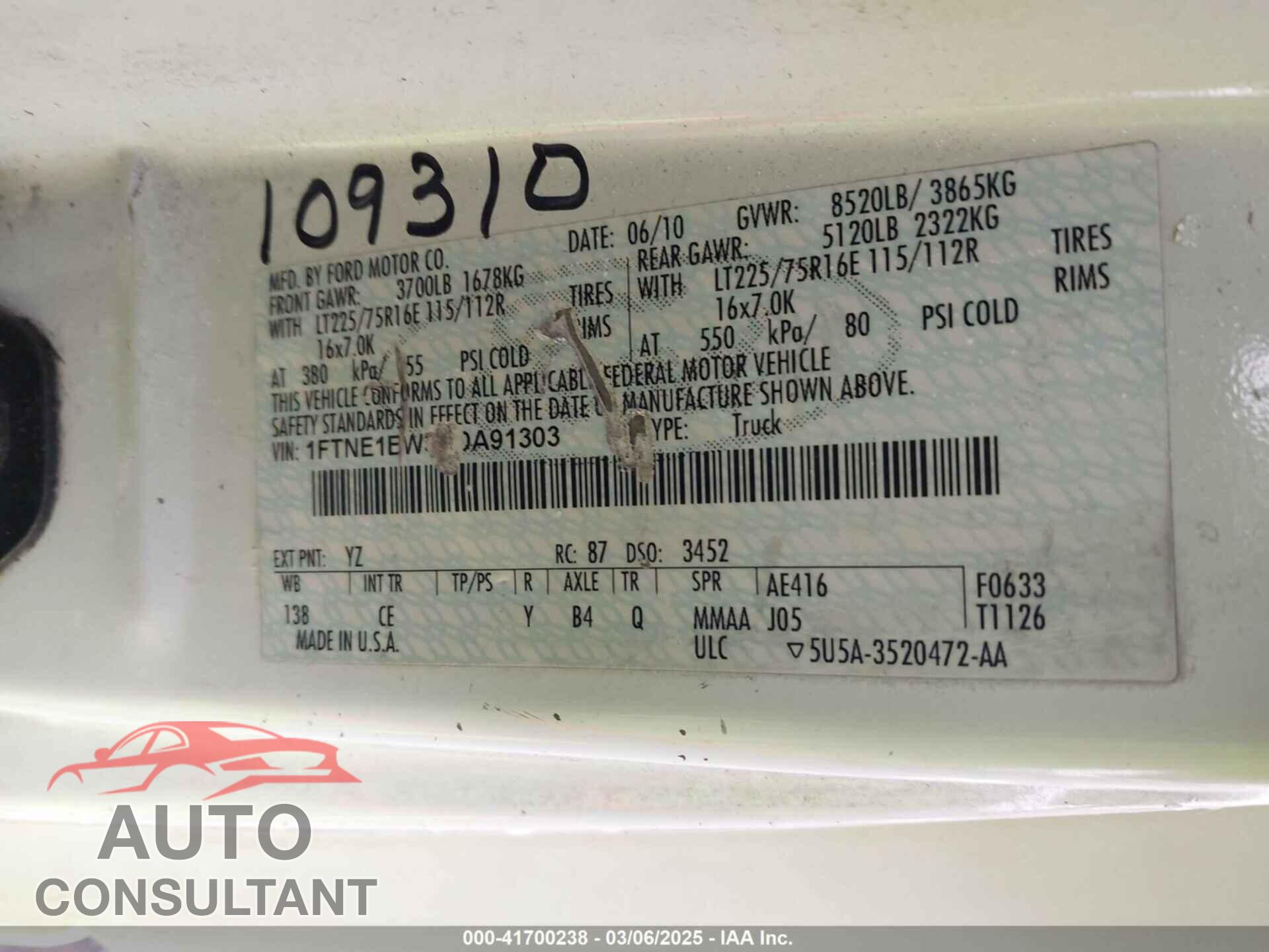 FORD E-150 2010 - 1FTNE1EW3ADA91303