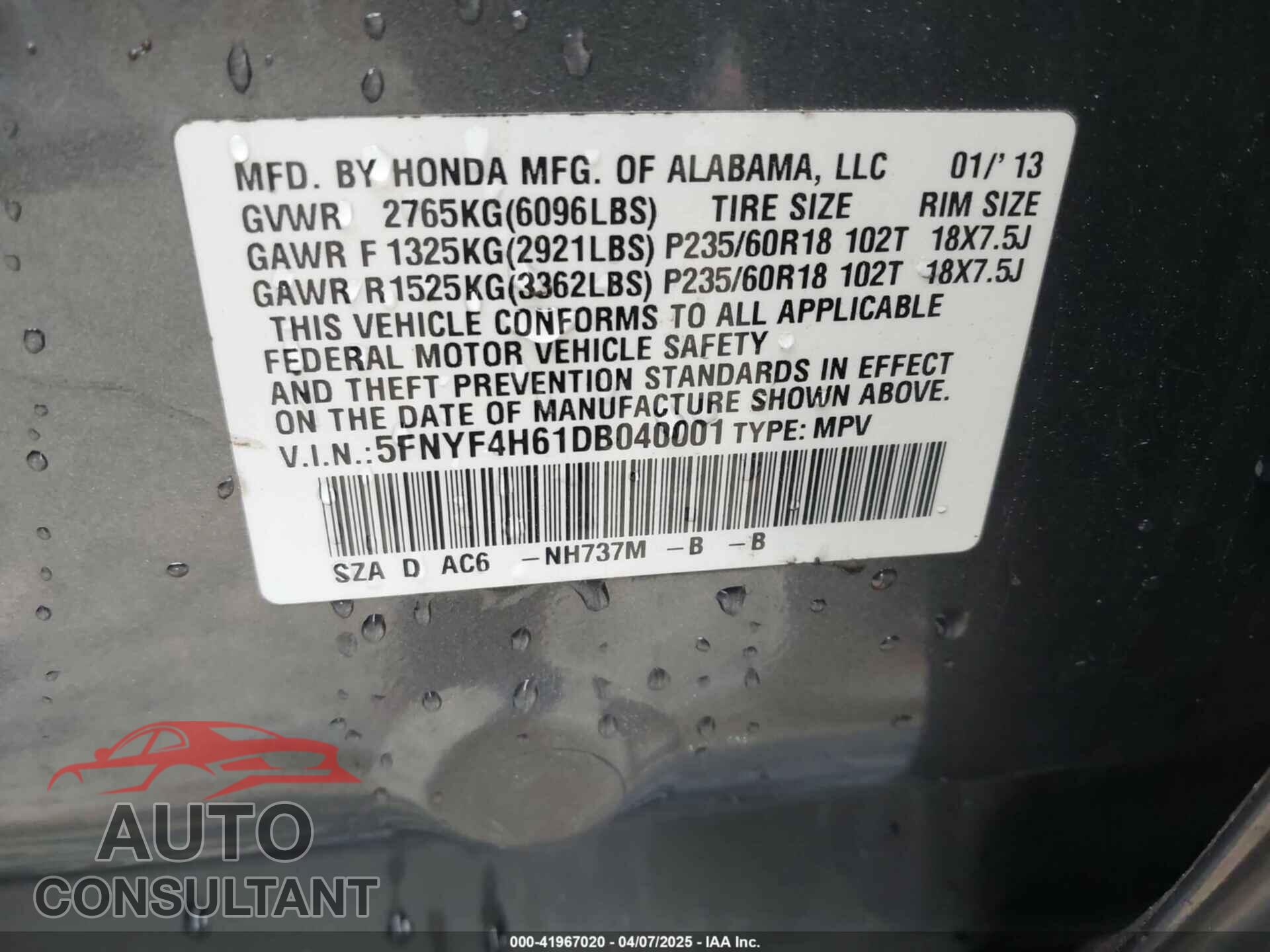 HONDA PILOT 2013 - 5FNYF4H61DB040001