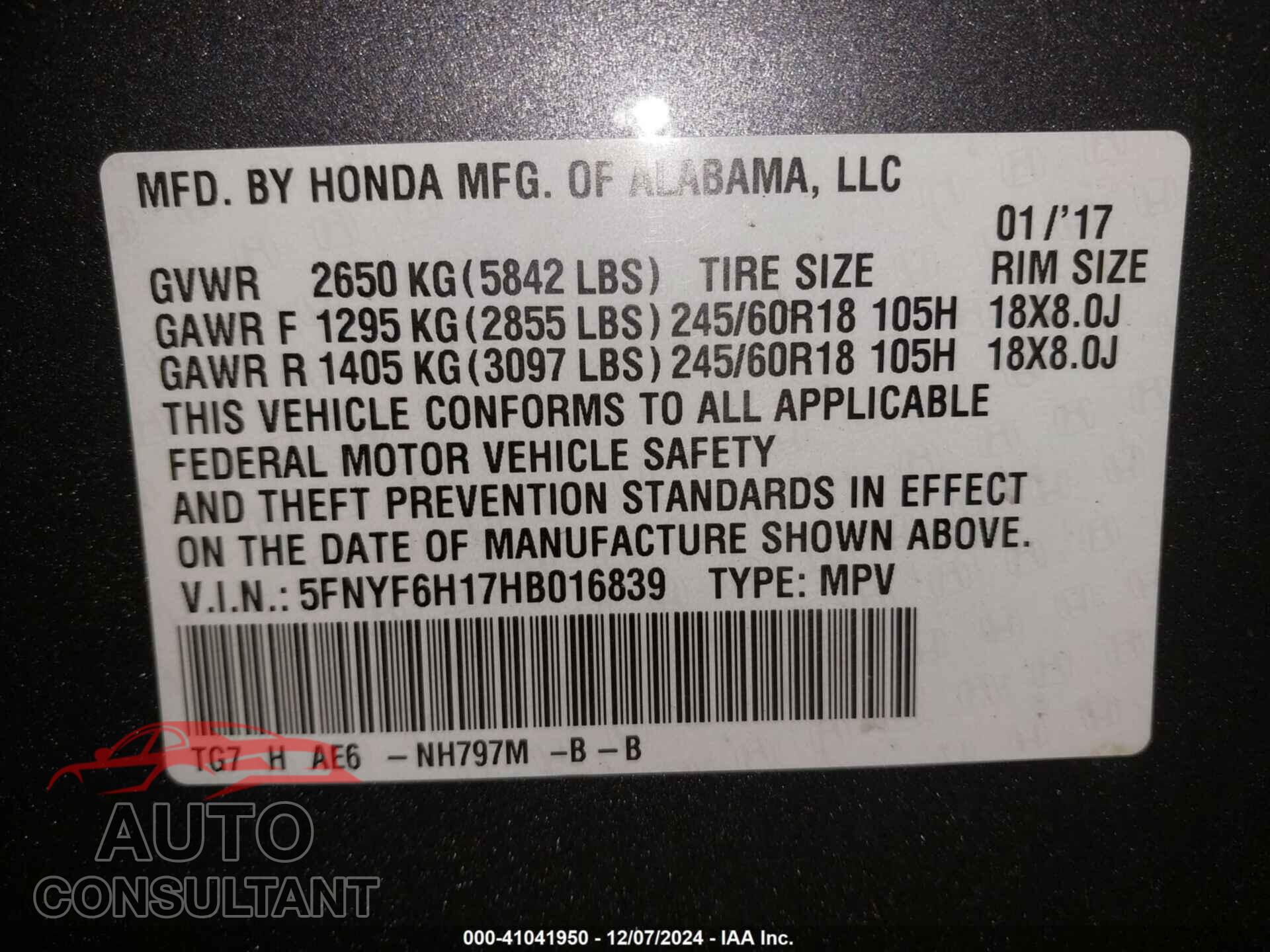 HONDA PILOT 2017 - 5FNYF6H17HB016839