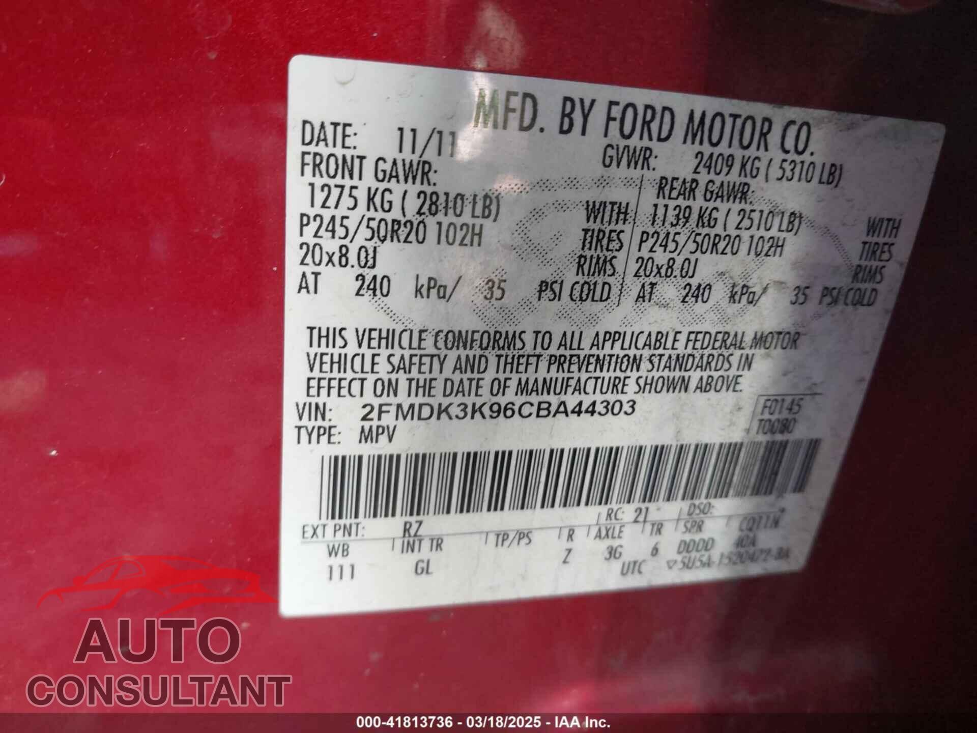 FORD EDGE 2012 - 2FMDK3K96CBA44303