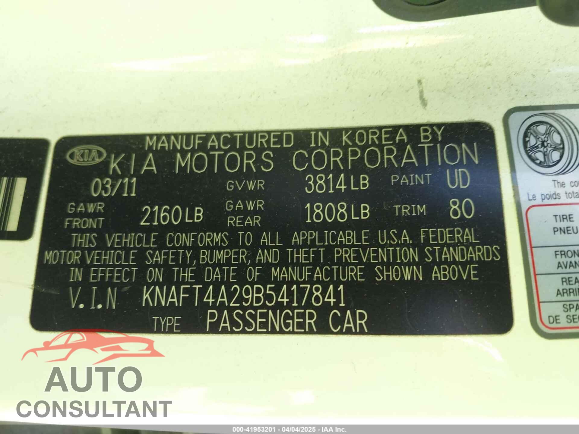 KIA FORTE 2011 - KNAFT4A29B5417841