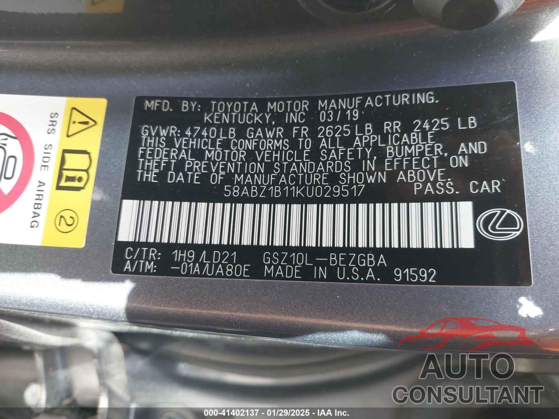 LEXUS ES 350 2019 - 58ABZ1B11KU029517