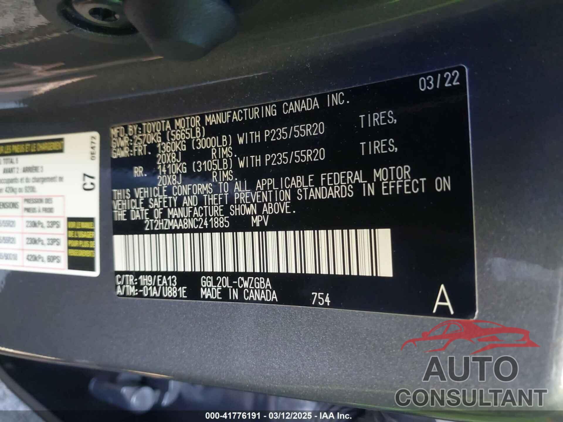 LEXUS RX 350 2022 - 2T2HZMAA8NC241885