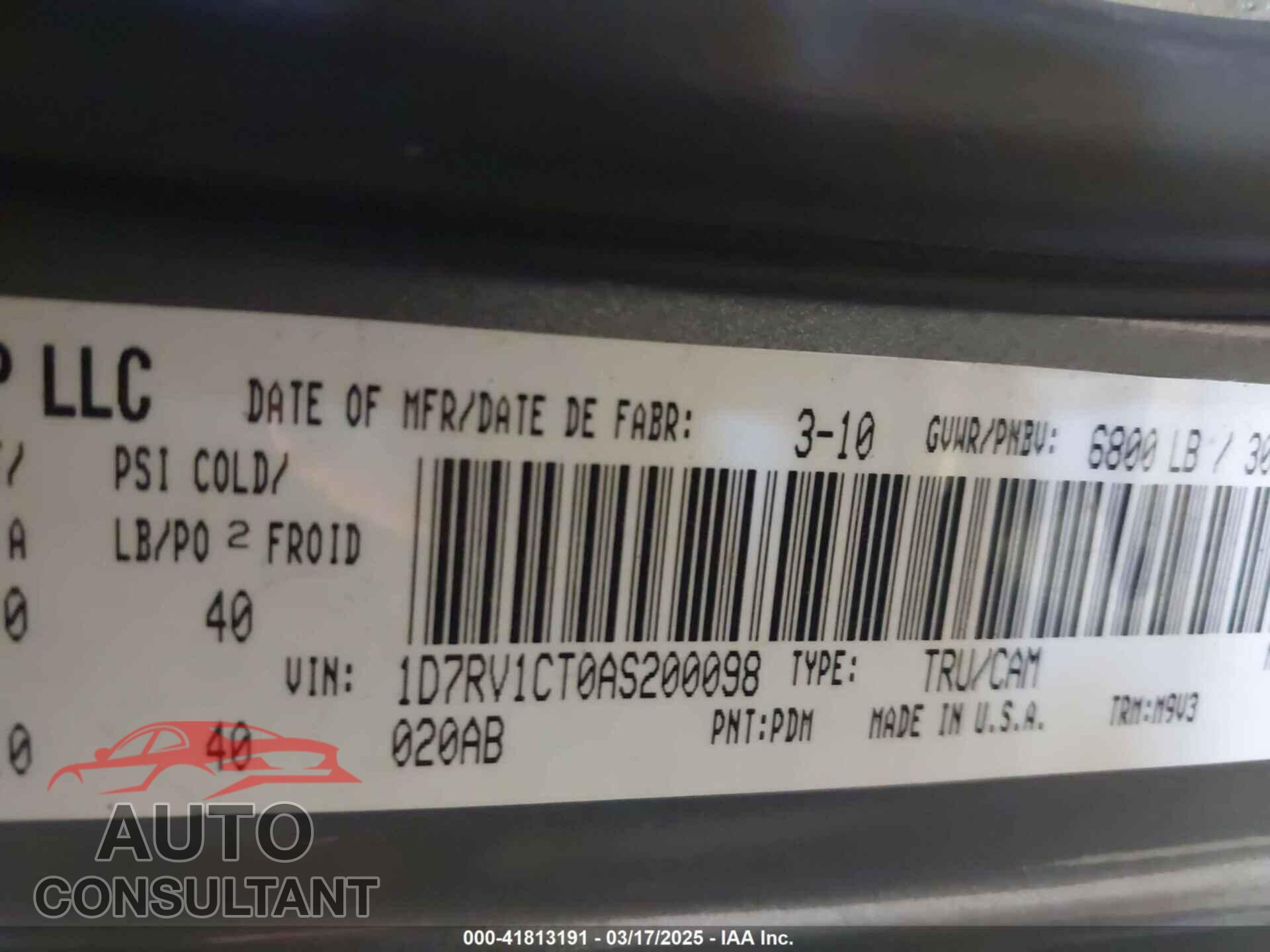 DODGE RAM 1500 2010 - 1D7RV1CT0AS200098