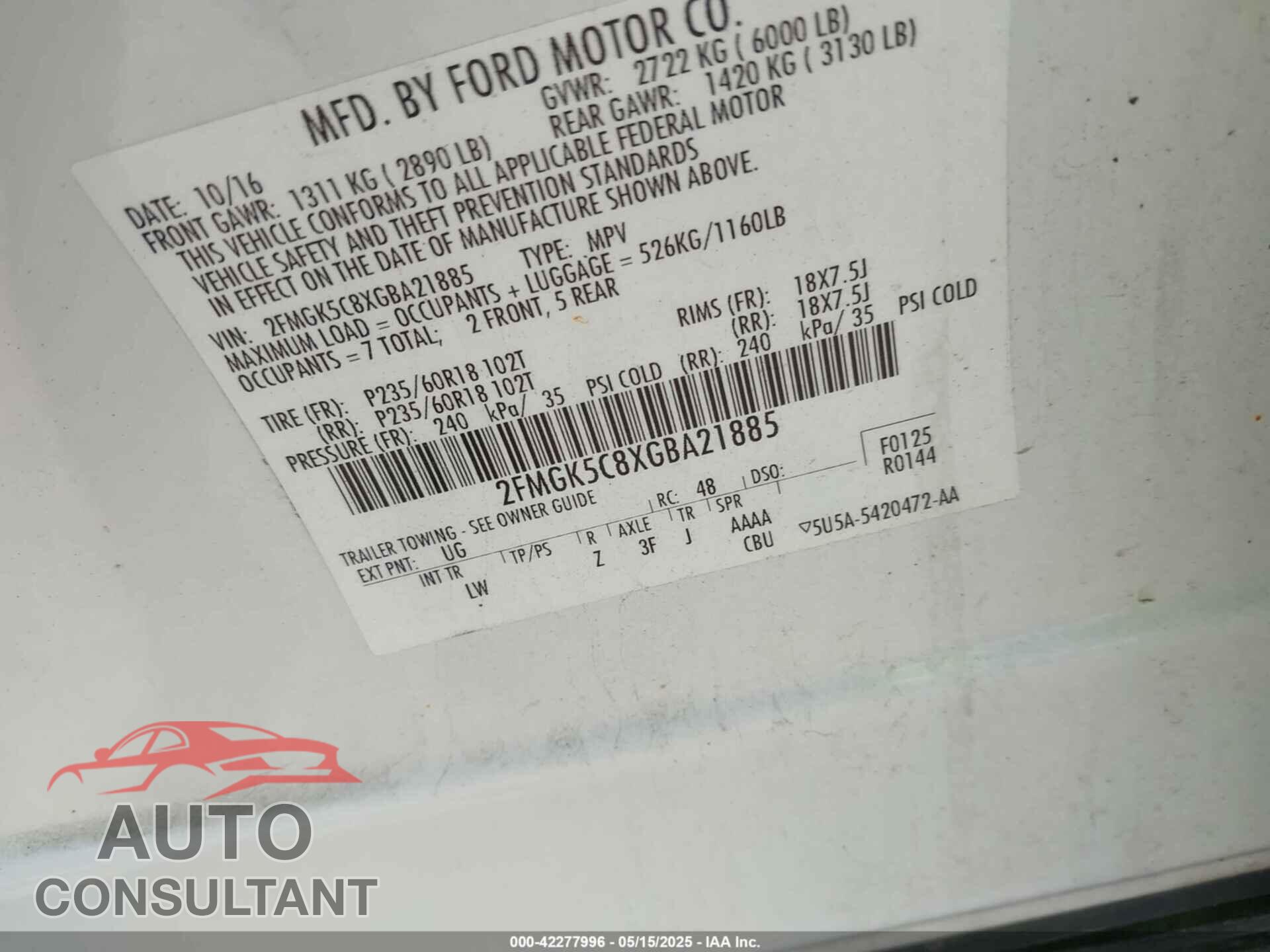 FORD FLEX 2016 - 2FMGK5C8XGBA21885