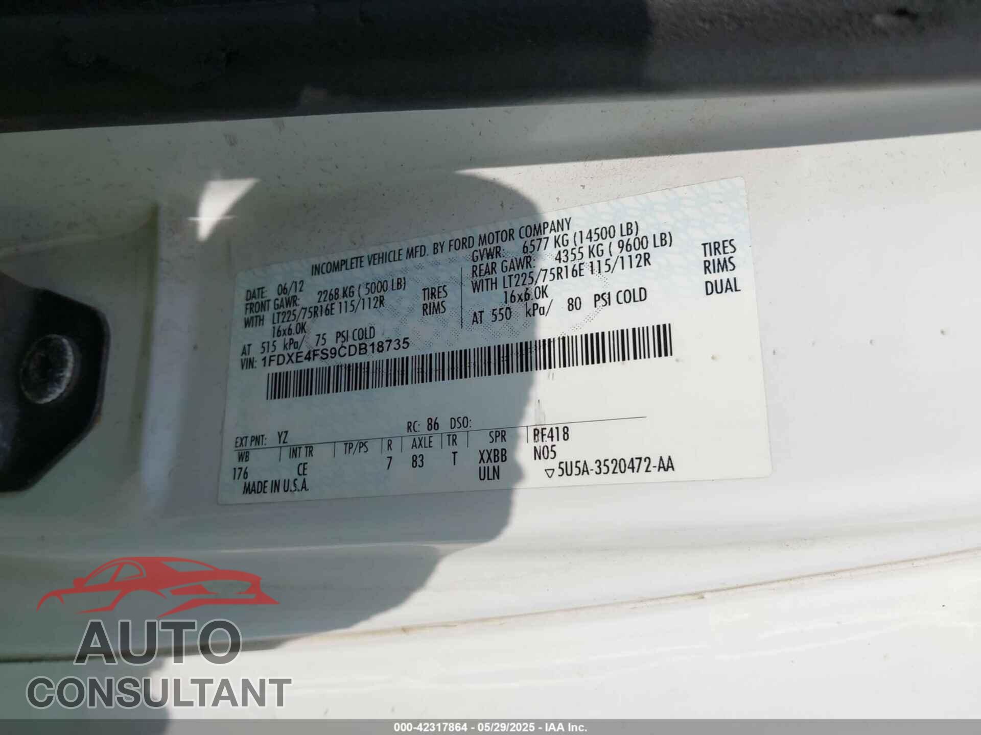 FORD E-450 CUTAWAY 2012 - 1FDXE4FS9CDB18735