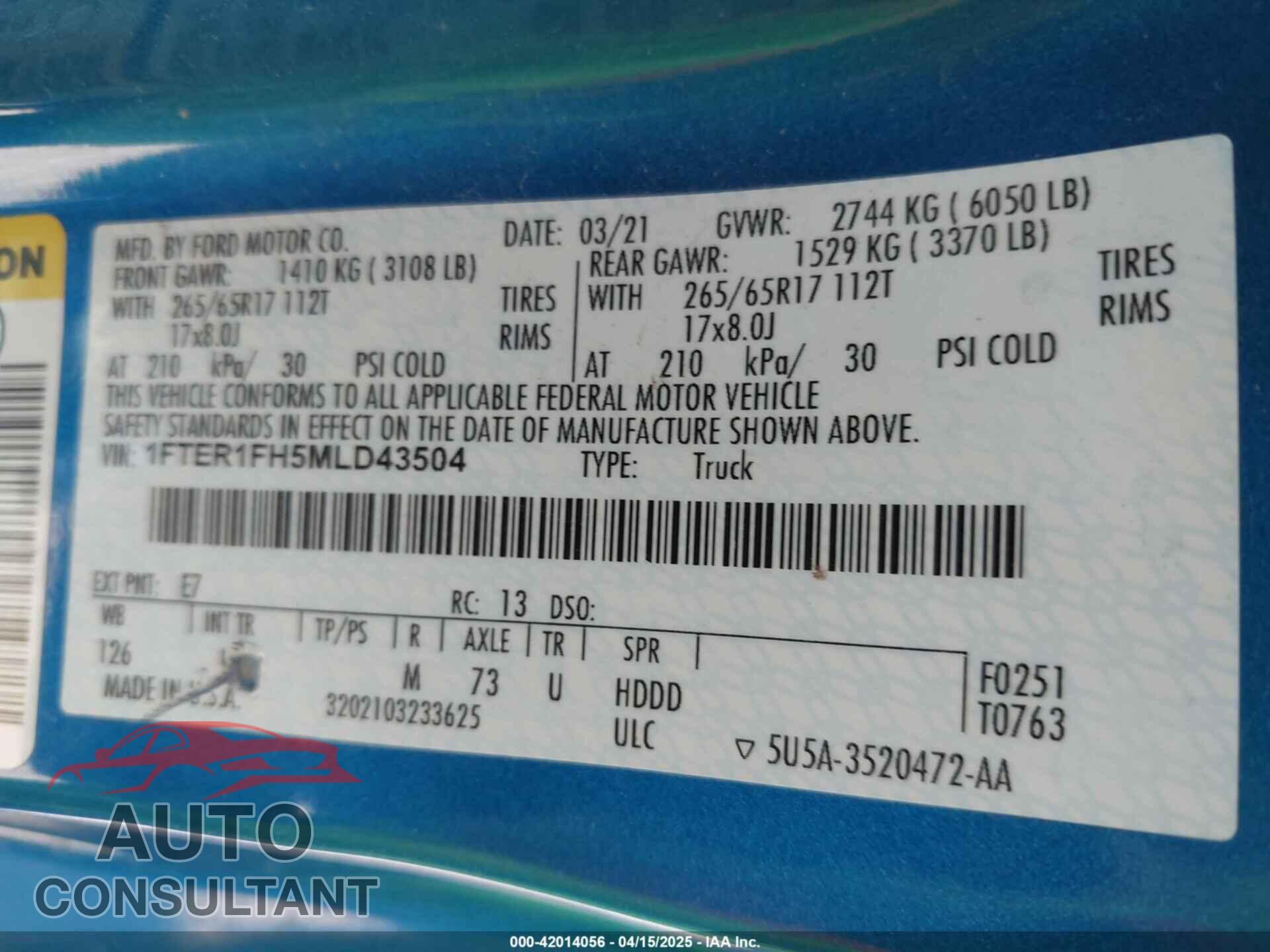 FORD RANGER 2021 - 1FTER1FH5MLD43504