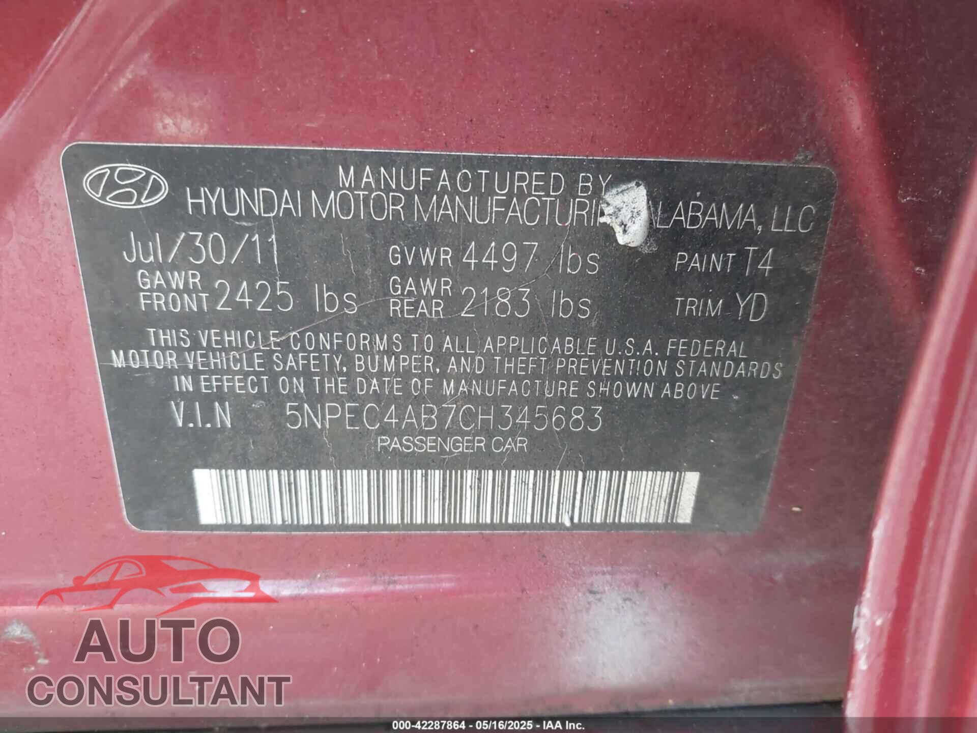 HYUNDAI SONATA 2012 - 5NPEC4AB7CH345683