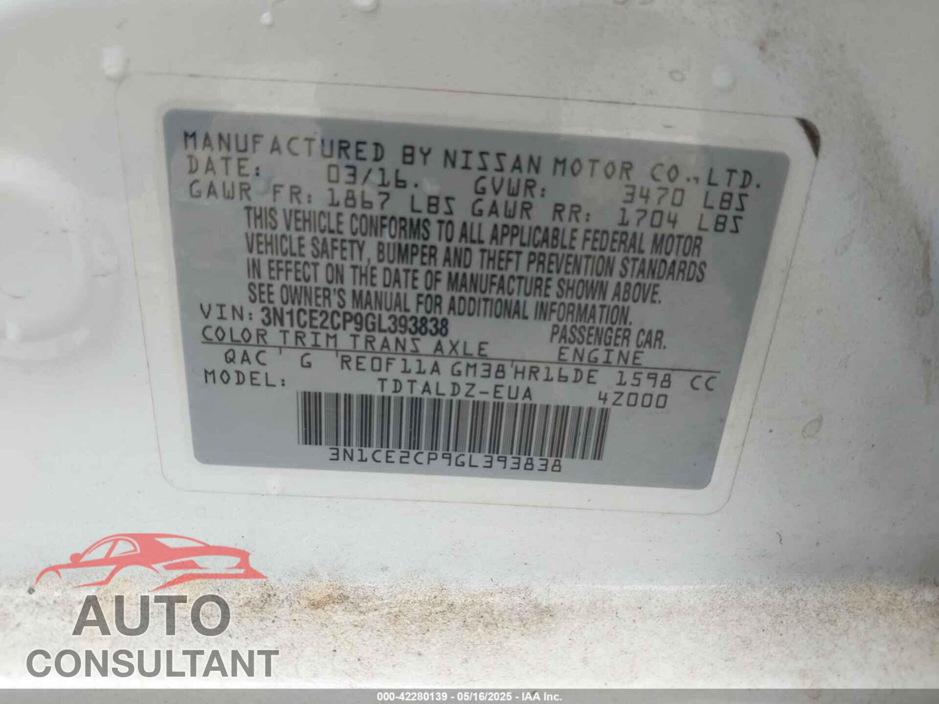 NISSAN VERSA NOTE 2016 - 3N1CE2CP9GL393838