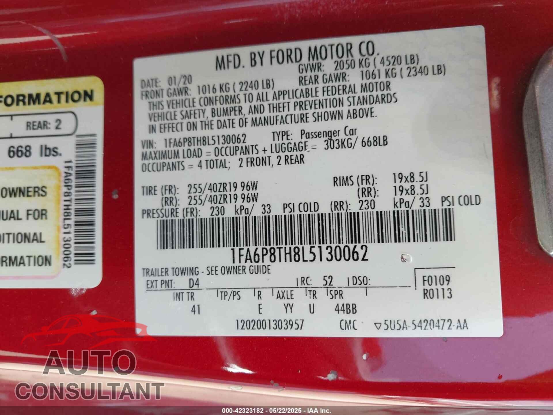 FORD MUSTANG 2020 - 1FA6P8TH8L5130062