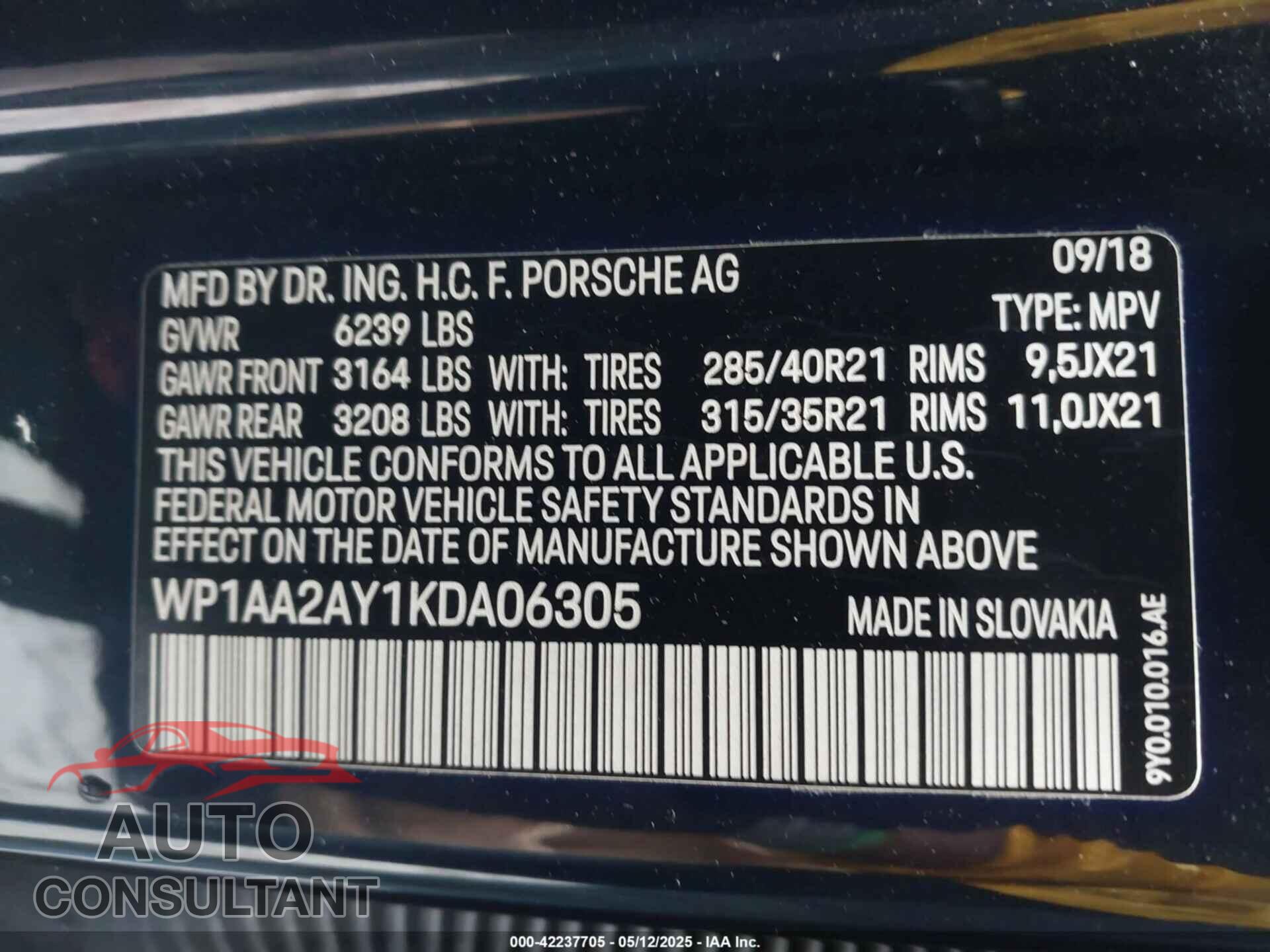 PORSCHE CAYENNE 2019 - WP1AA2AY1KDA06305