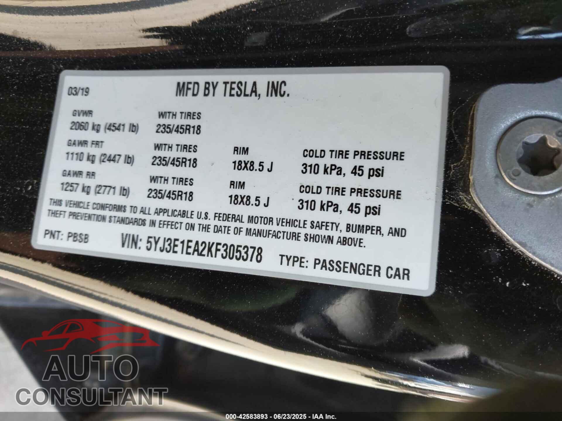 TESLA MODEL 3 2019 - 5YJ3E1EA2KF305378