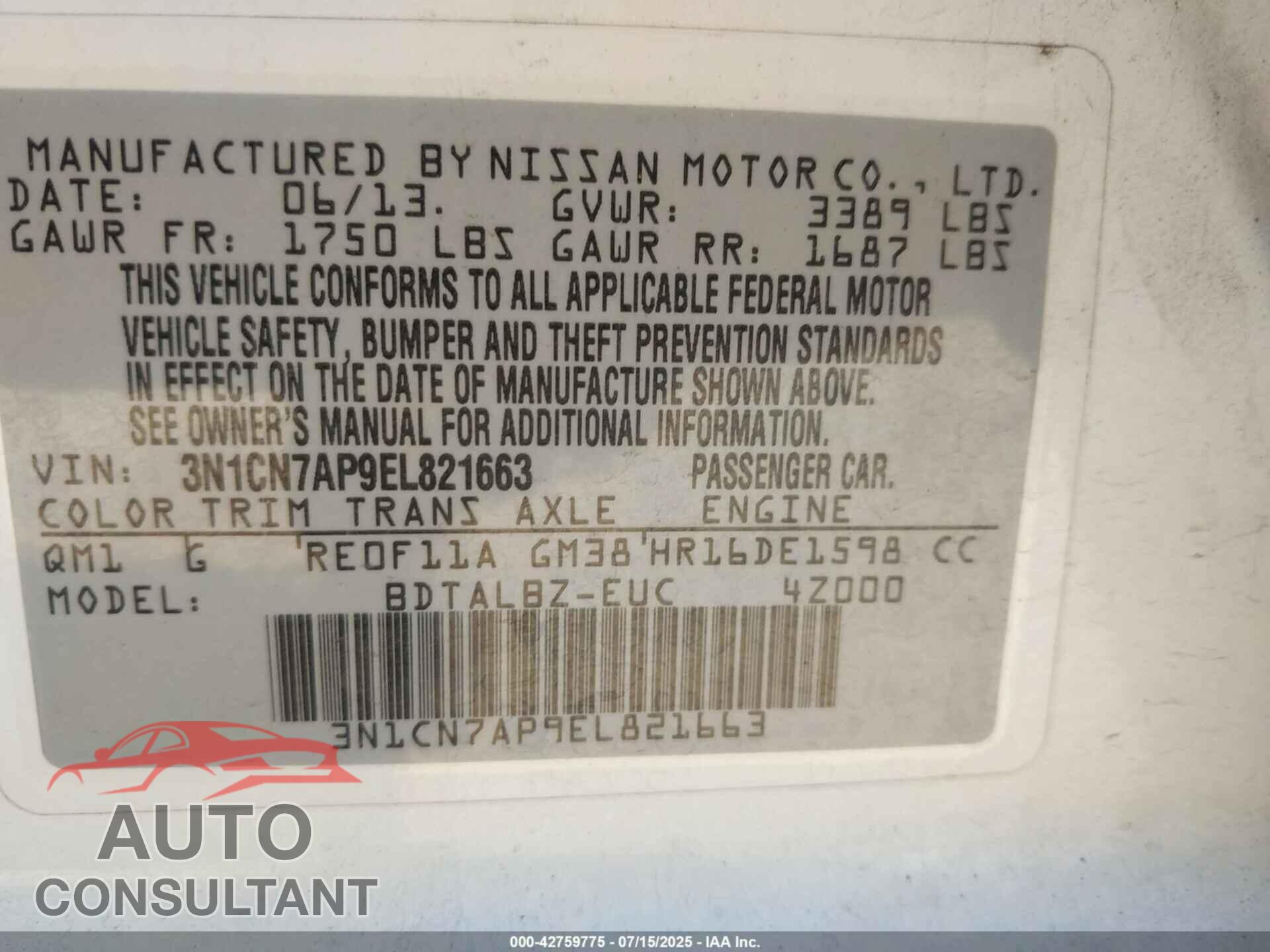 NISSAN VERSA 2014 - 3N1CN7AP9EL821663