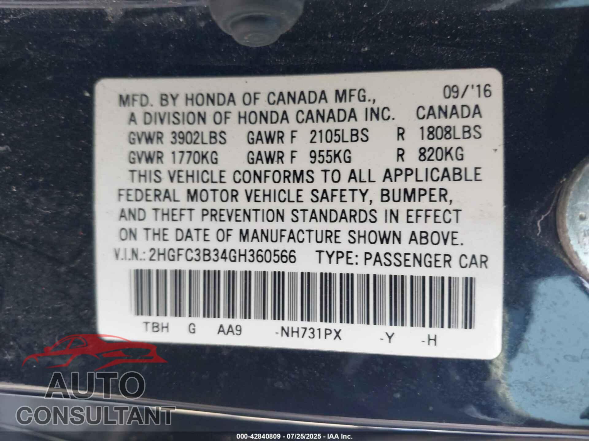 HONDA CIVIC 2016 - 2HGFC3B34GH360566
