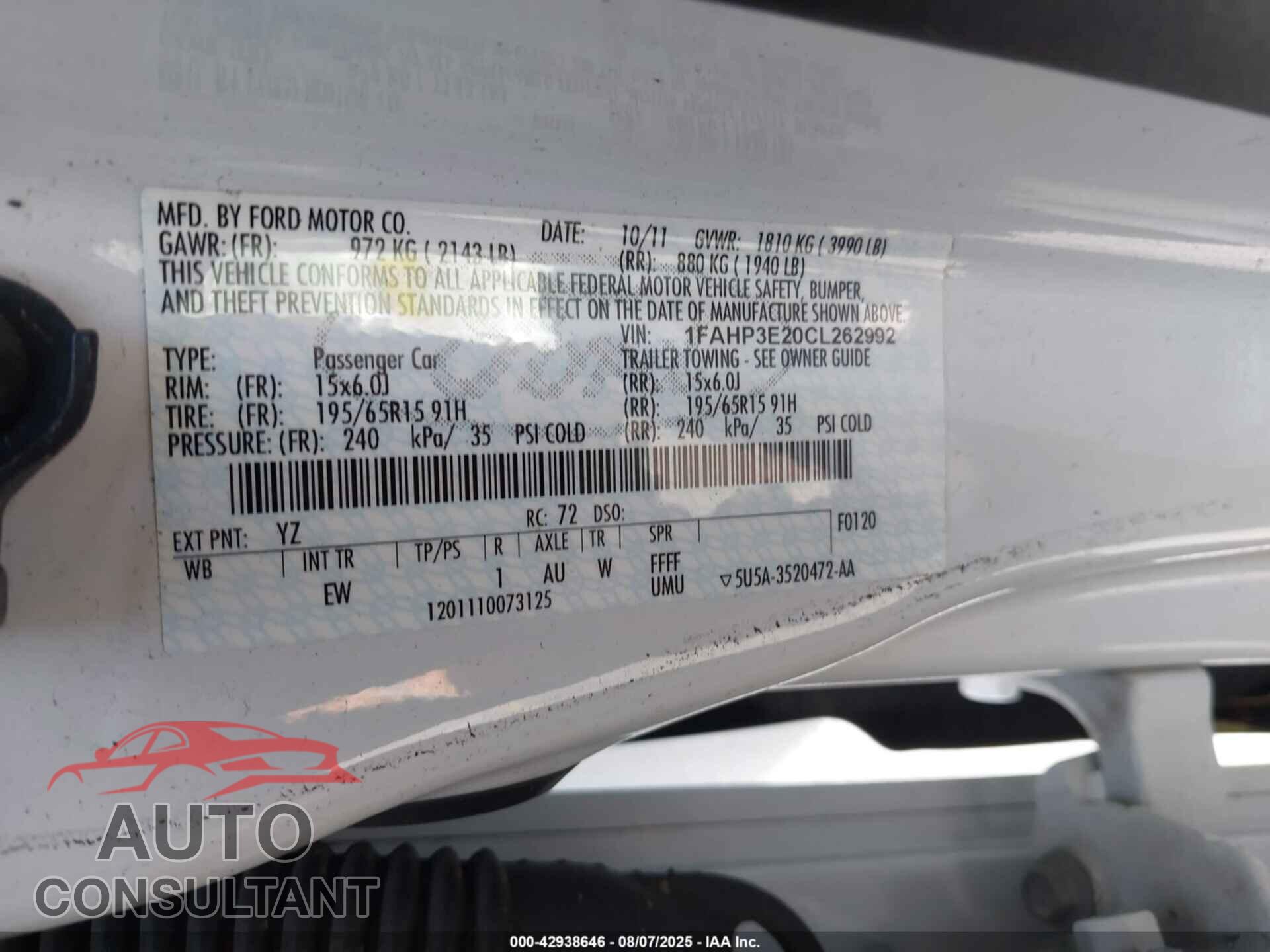 FORD FOCUS 2012 - 1FAHP3E20CL262992