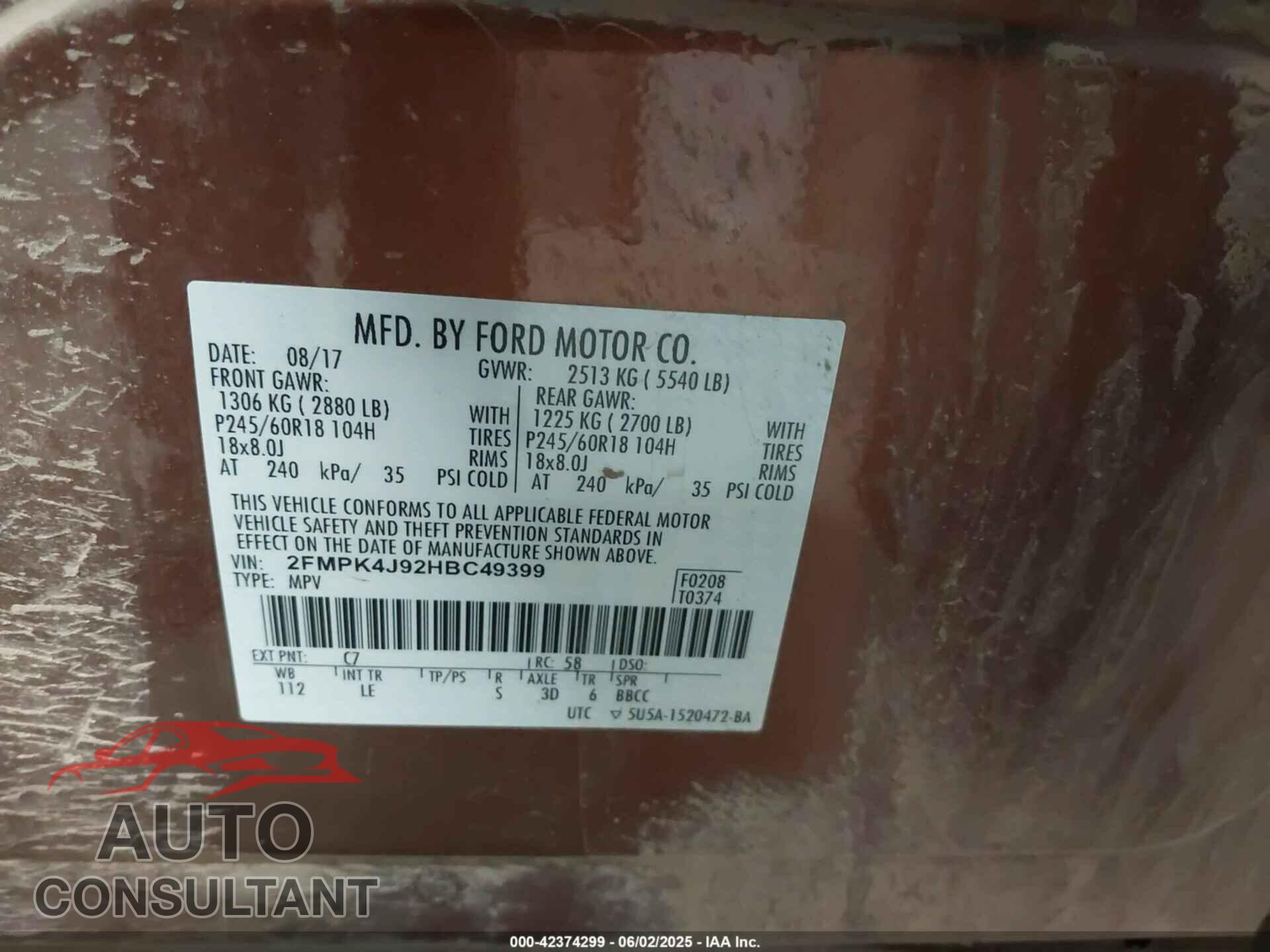 FORD EDGE 2017 - 2FMPK4J92HBC49399