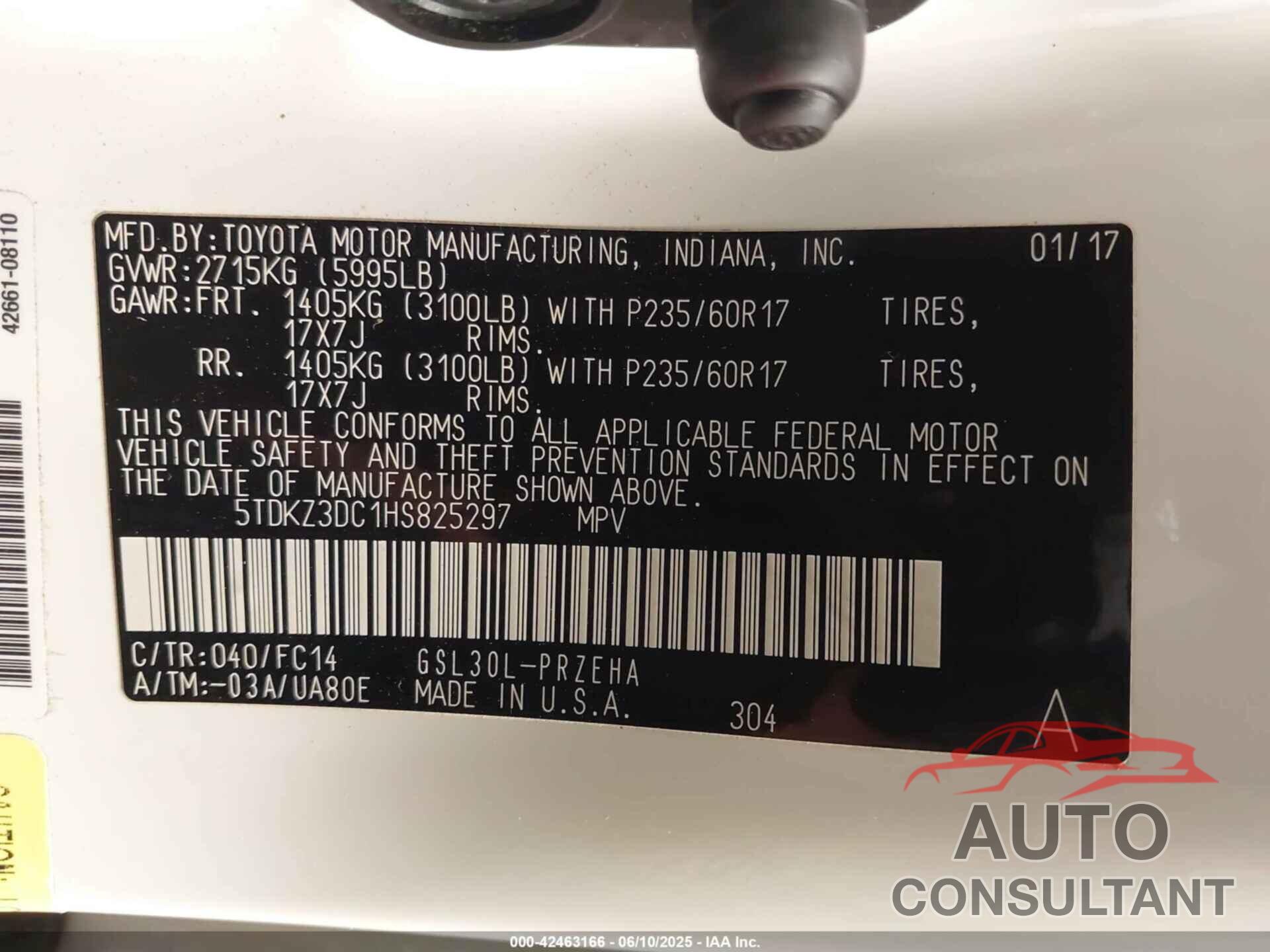 TOYOTA SIENNA 2017 - 5TDKZ3DC1HS825297