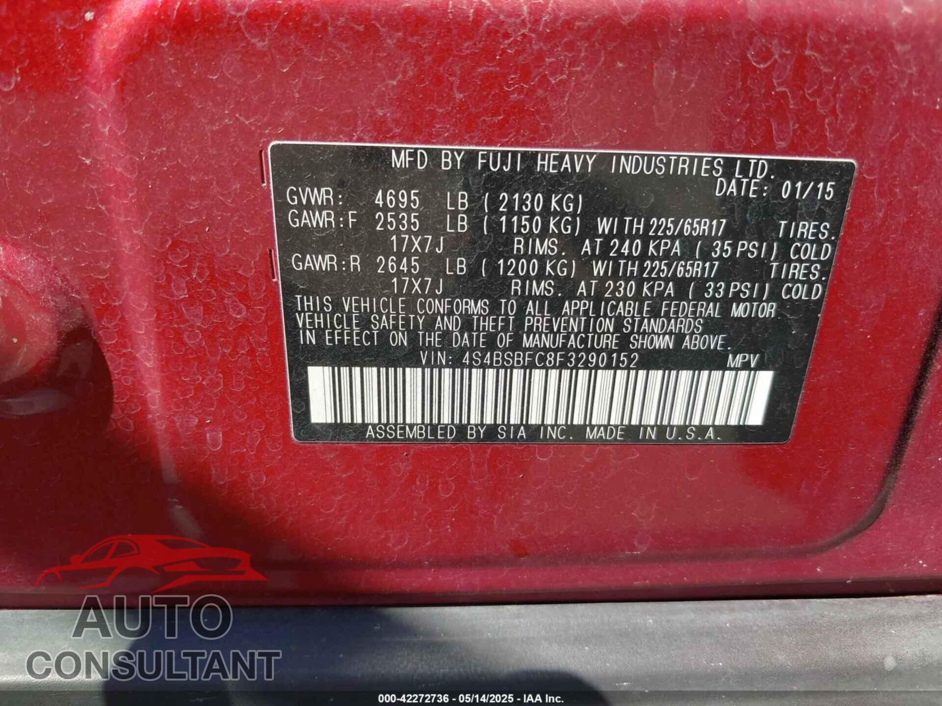 SUBARU OUTBACK 2015 - 4S4BSBFC8F3290152