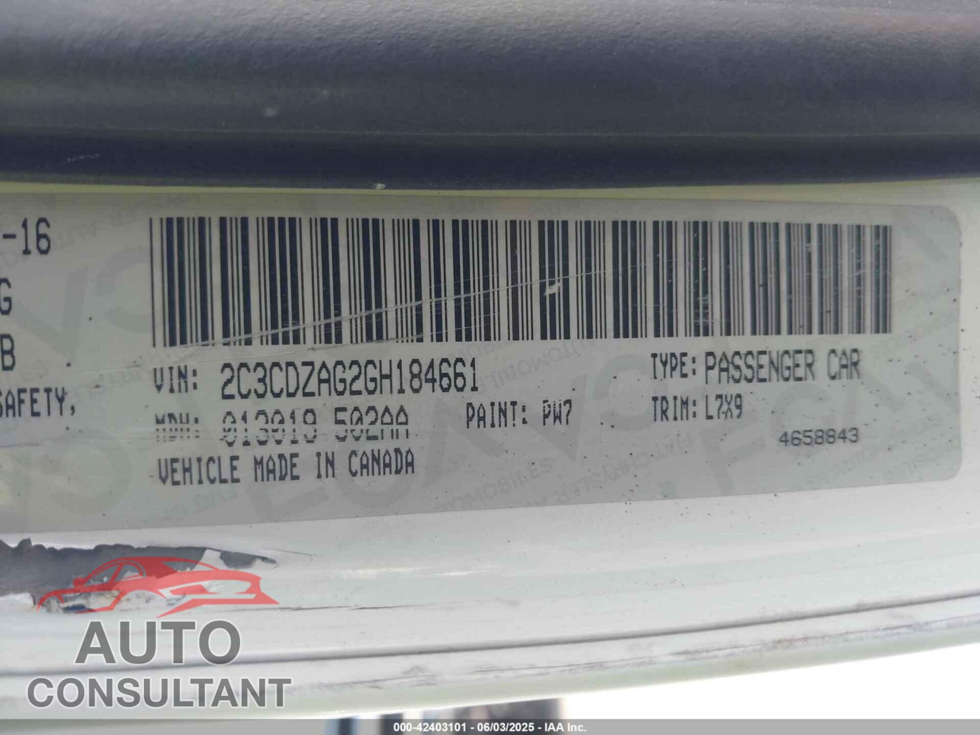 DODGE CHALLENGER 2016 - 2C3CDZAG2GH184661