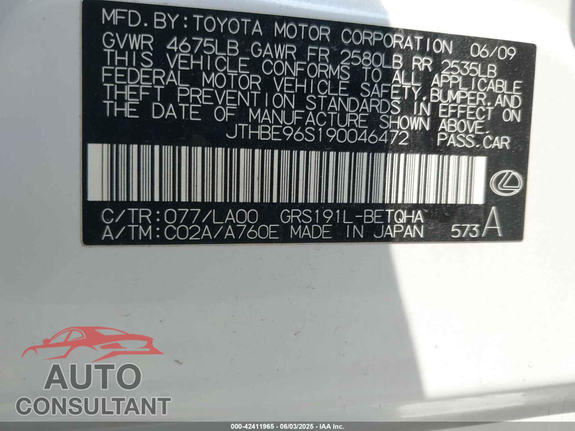 LEXUS GS 350 2009 - JTHBE96S190046472