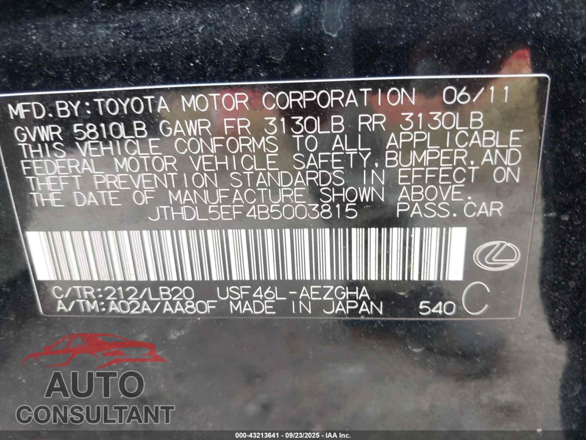 LEXUS LS 460 2011 - JTHDL5EF4B5003815
