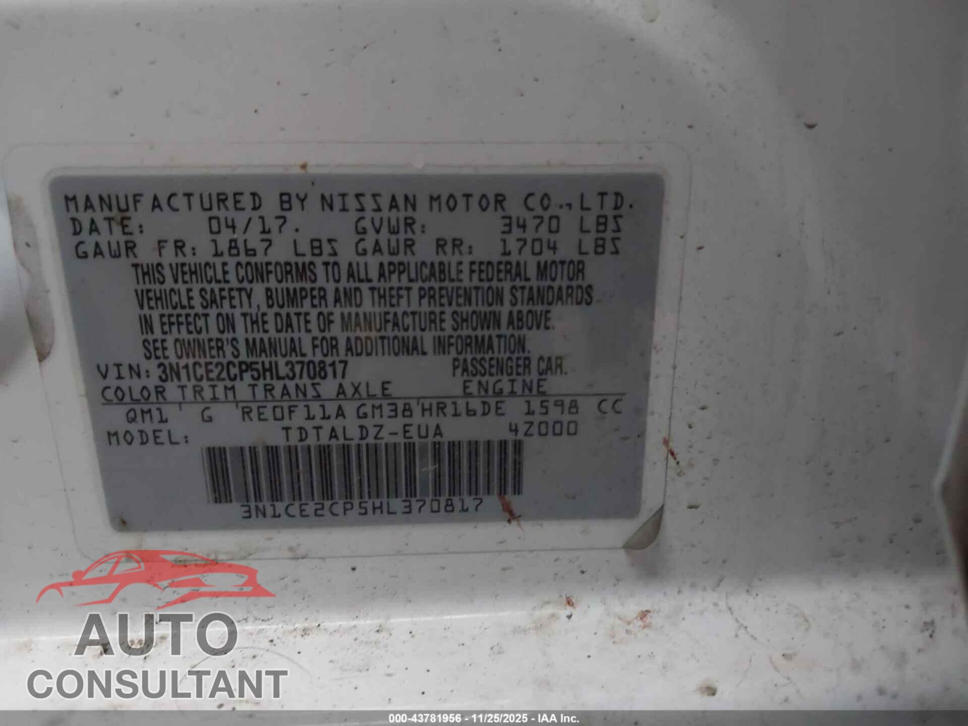 NISSAN VERSA NOTE 2017 - 3N1CE2CP5HL370817