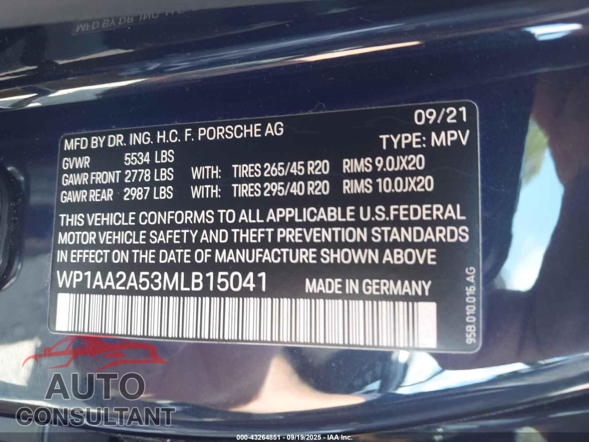 PORSCHE MACAN 2021 - WP1AA2A53MLB15041