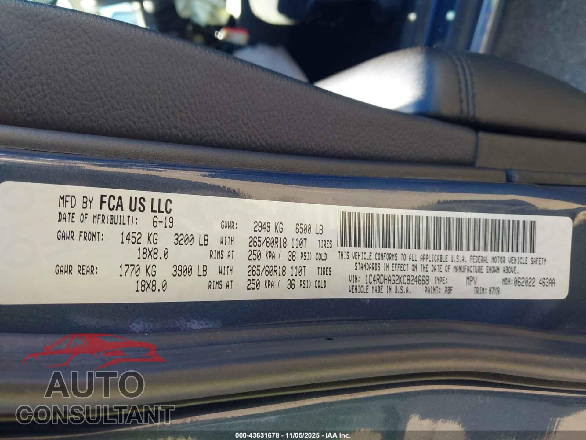 DODGE DURANGO 2019 - 1C4RDHAG2KC824668