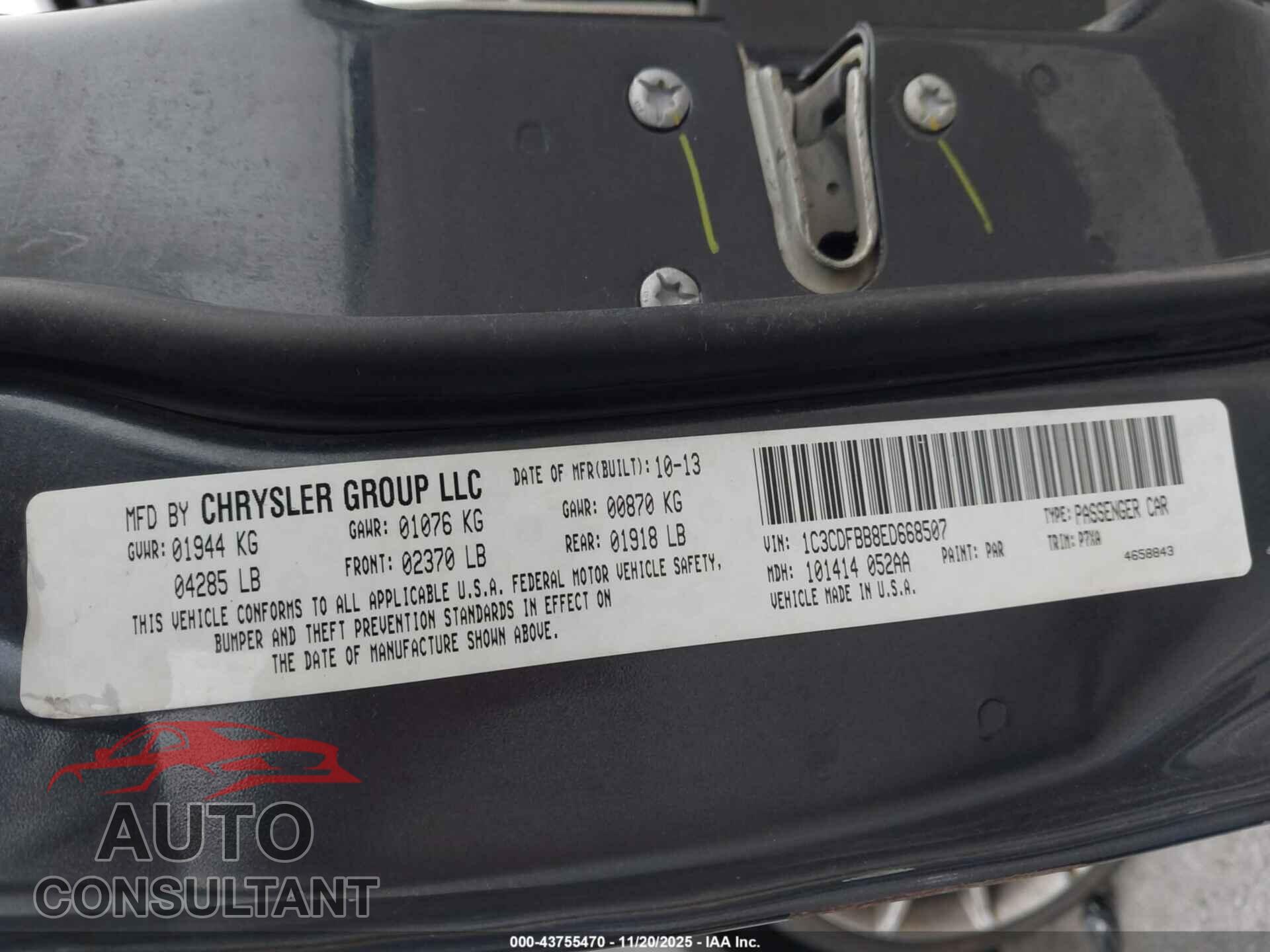 DODGE DART 2014 - 1C3CDFBB8ED668507