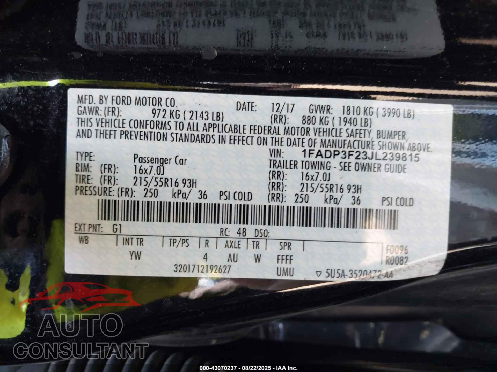 FORD FOCUS 2018 - 1FADP3F23JL239815
