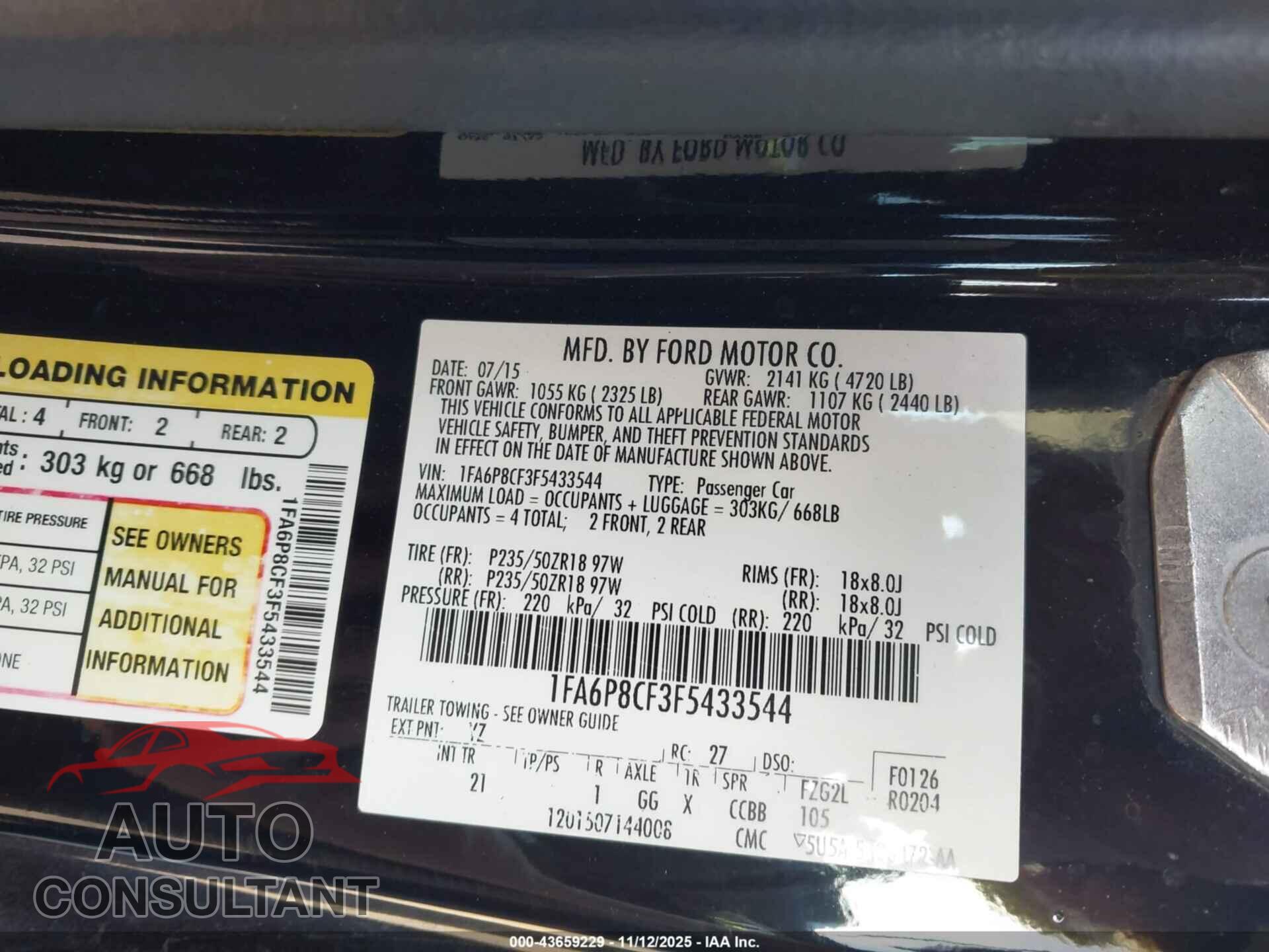 FORD MUSTANG 2015 - 1FA6P8CF3F5433544