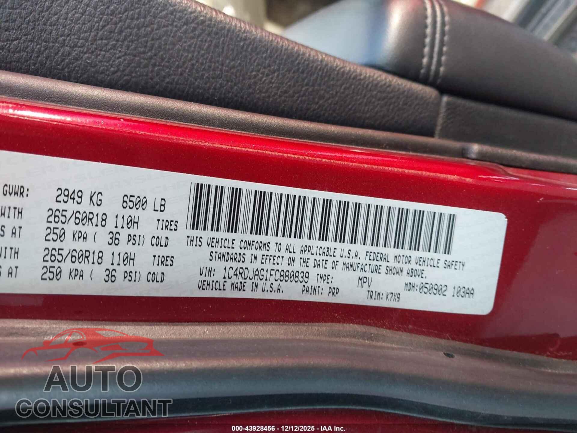 DODGE DURANGO 2015 - 1C4RDJAG1FC880839
