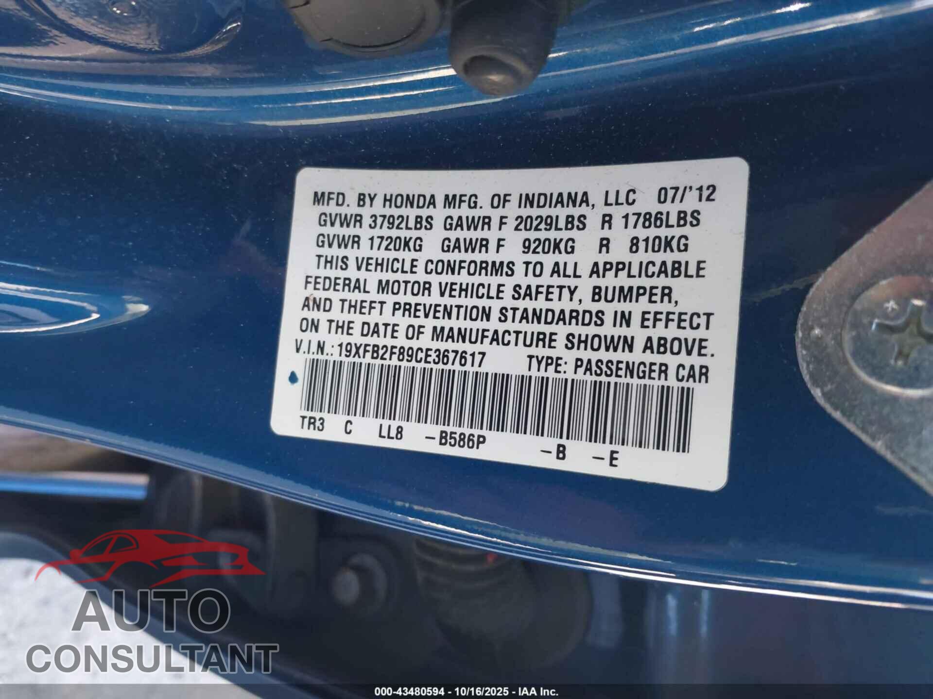 HONDA CIVIC 2012 - 19XFB2F89CE367617