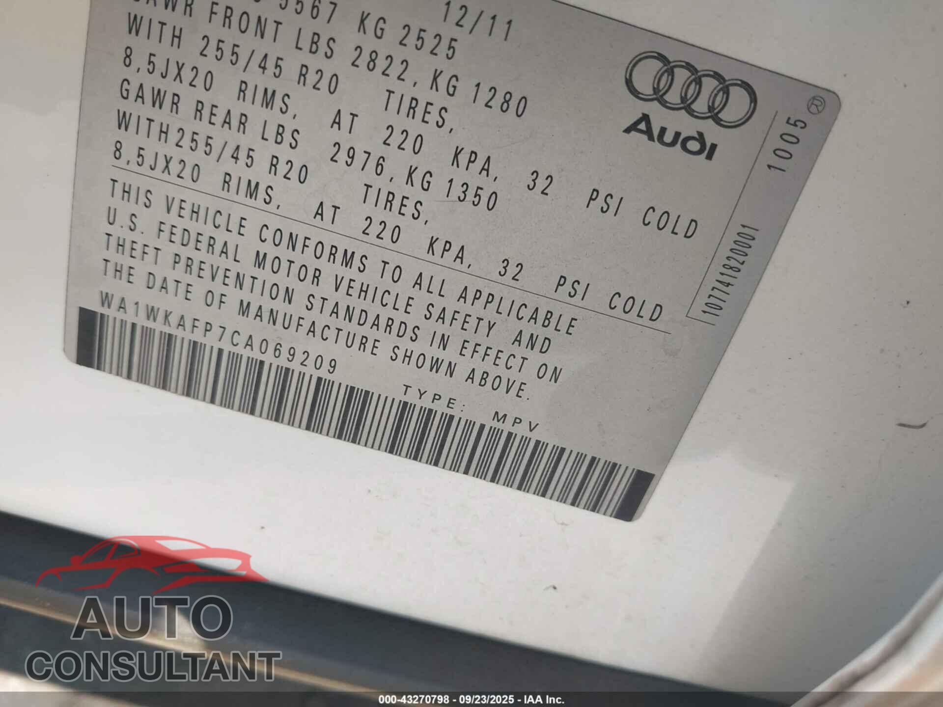 AUDI Q5 2012 - WA1WKAFP7CA069209