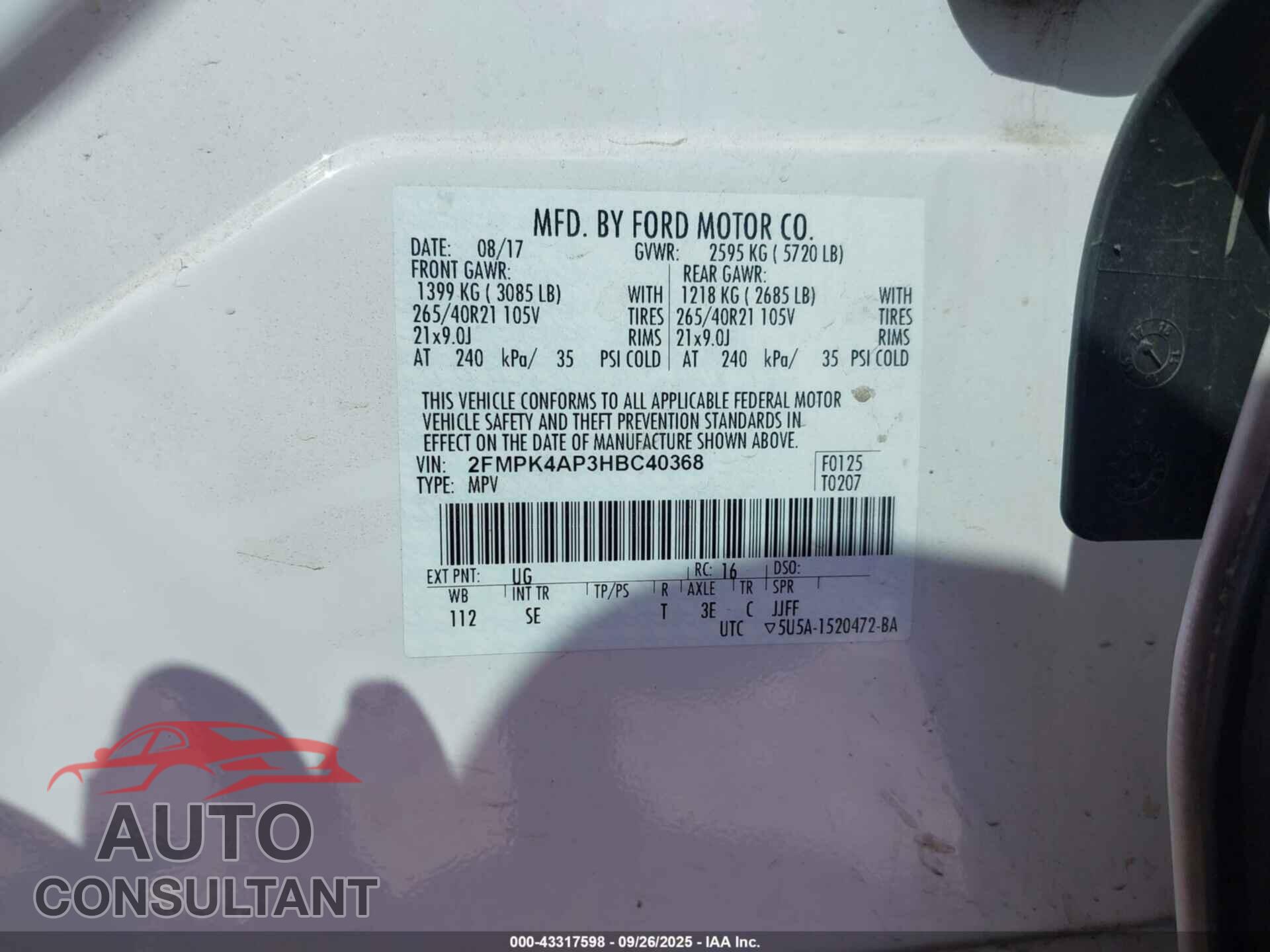 FORD EDGE 2017 - 2FMPK4AP3HBC40368
