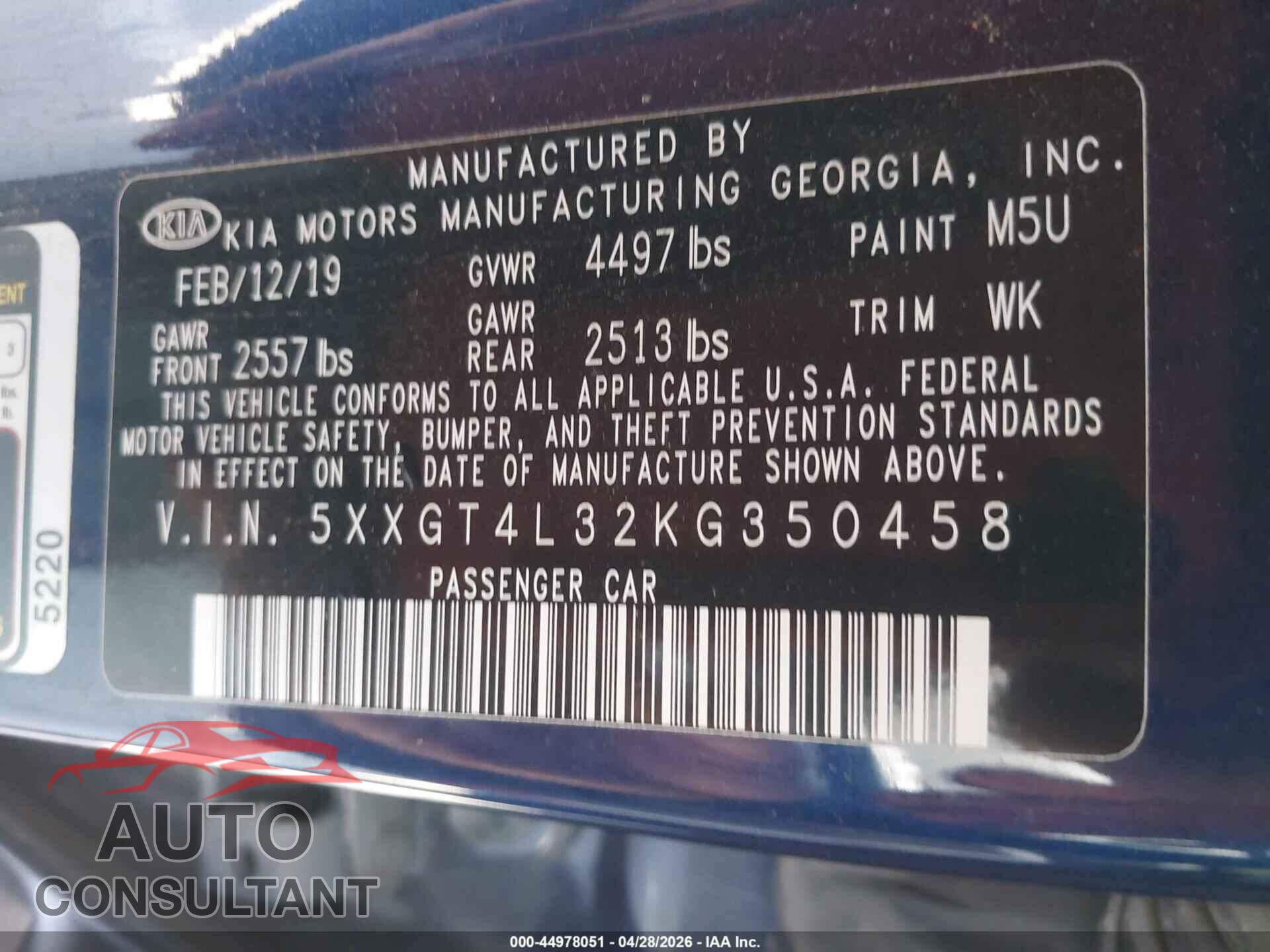 KIA OPTIMA 2019 - 5XXGT4L32KG350458