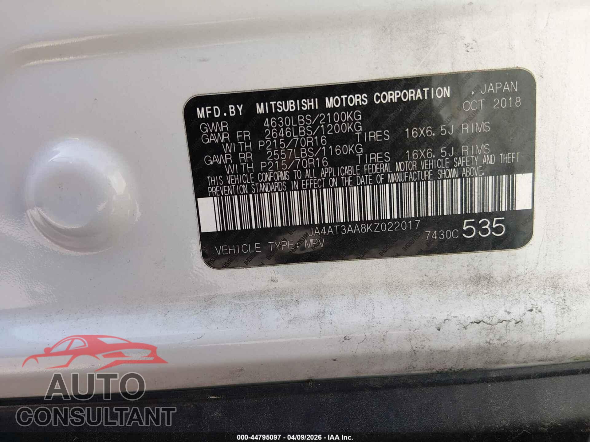 MITSUBISHI ECLIPSE CROSS 2019 - JA4AT3AA8KZ022017