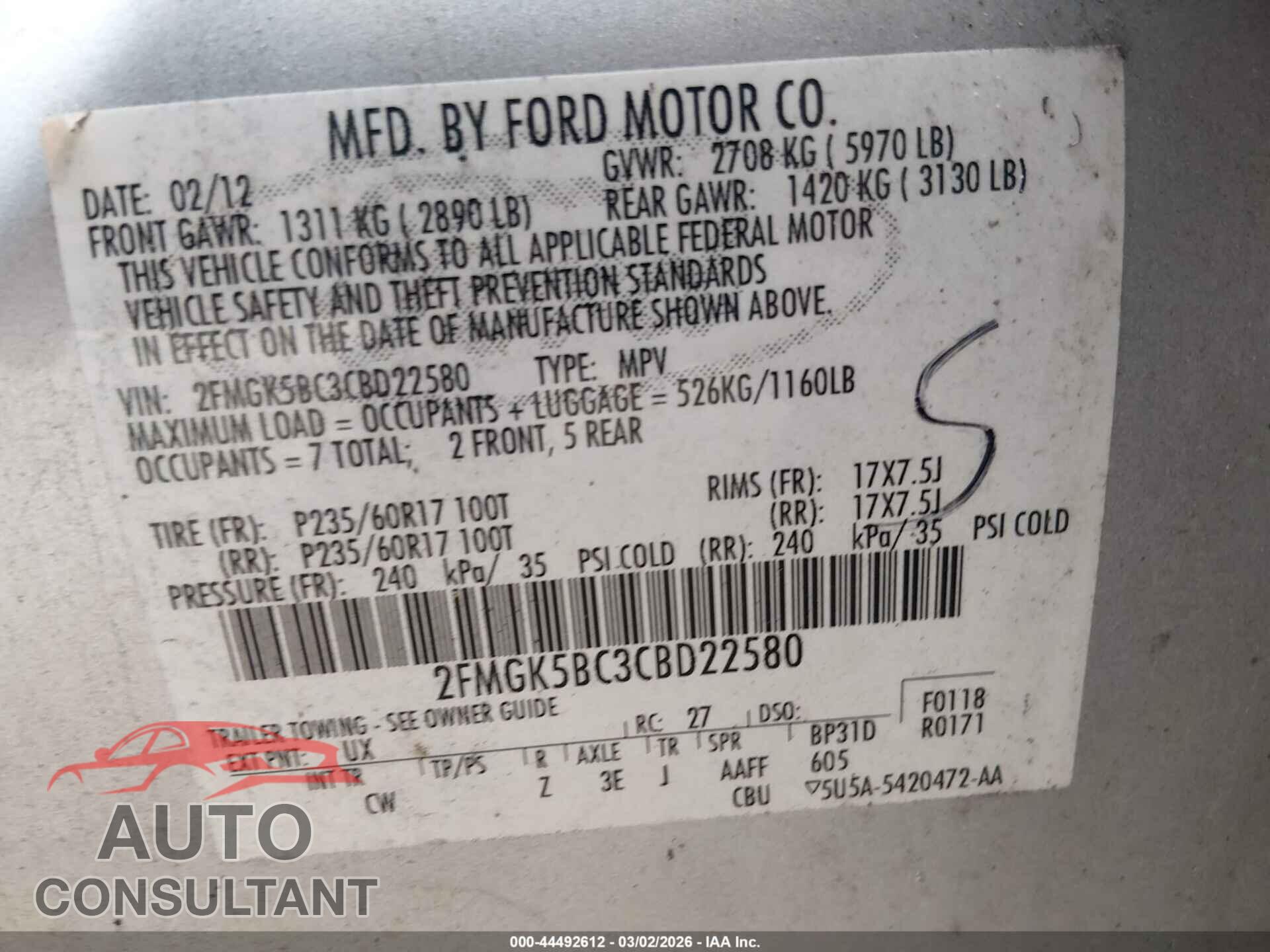 FORD FLEX 2012 - 2FMGK5BC3CBD22580