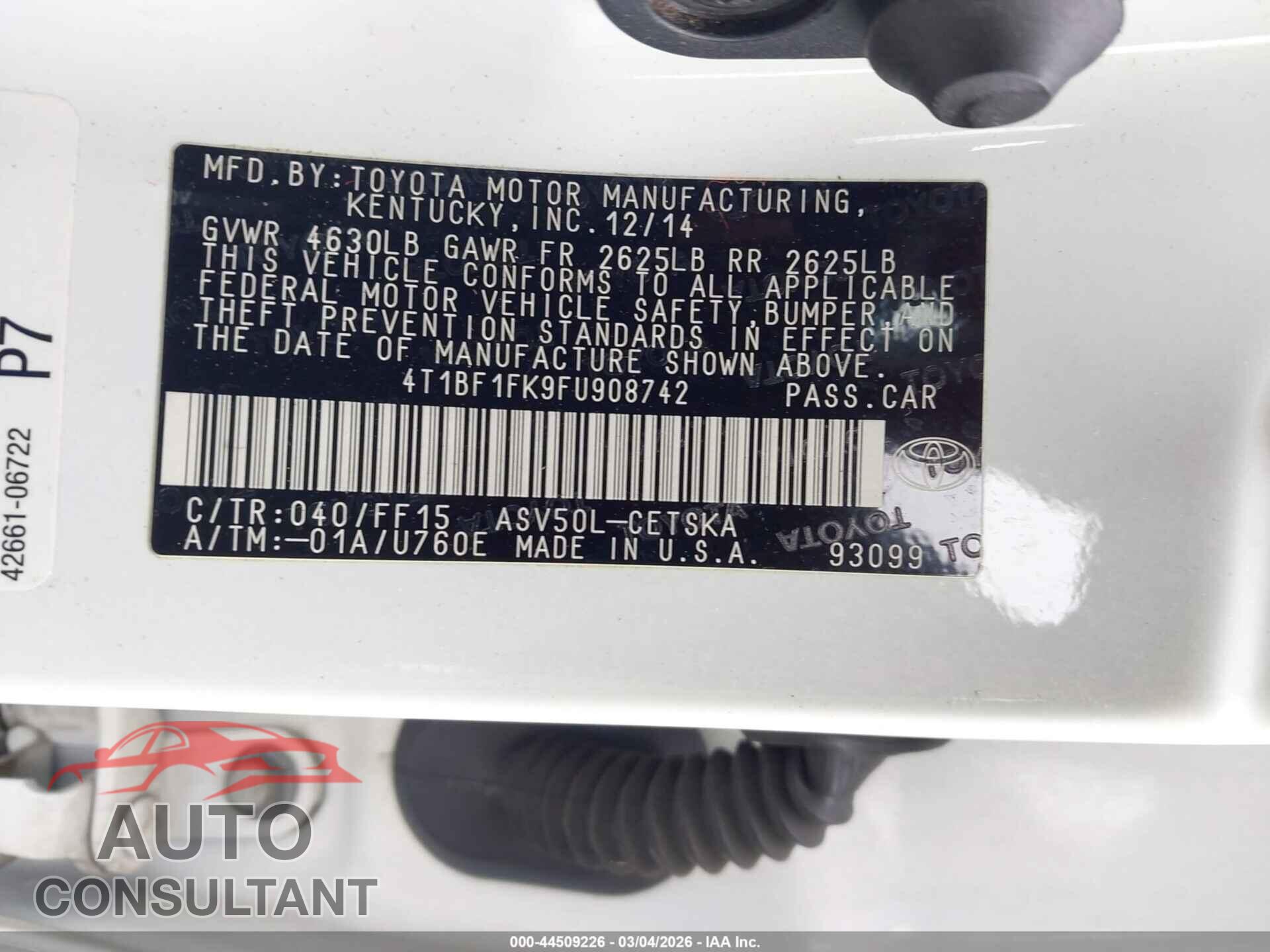 TOYOTA CAMRY 2015 - 4T1BF1FK9FU908742