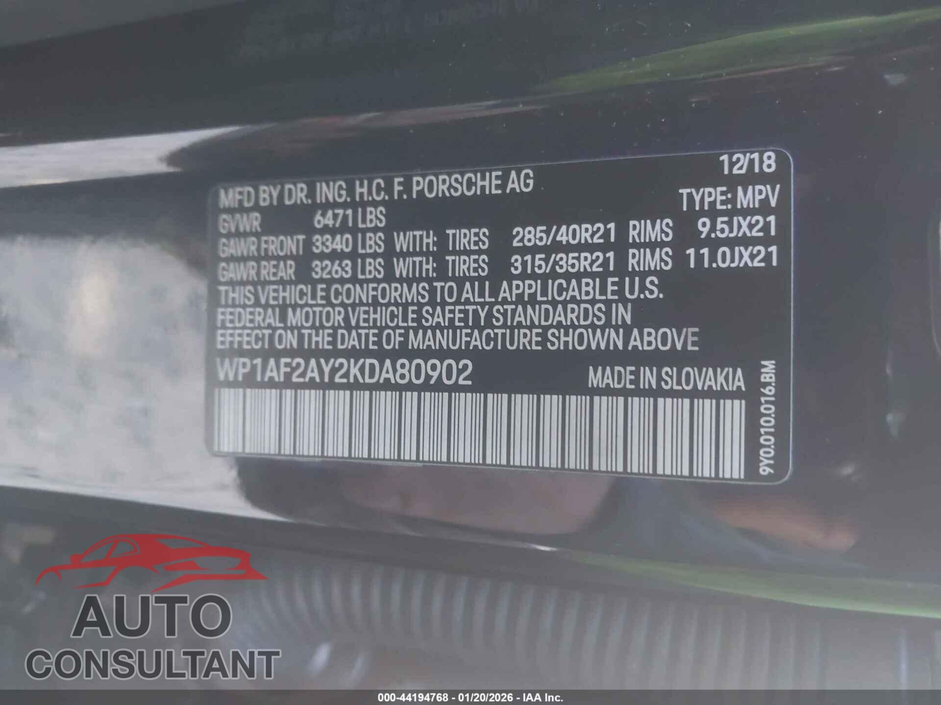 PORSCHE CAYENNE 2019 - WP1AF2AY2KDA80902