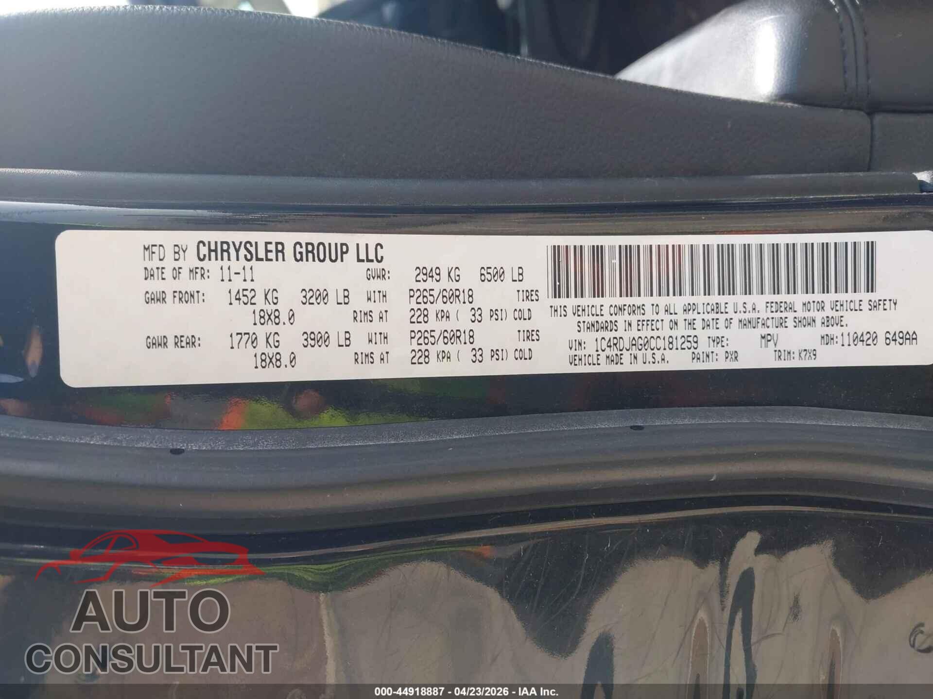 DODGE DURANGO 2012 - 1C4RDJAG0CC181259