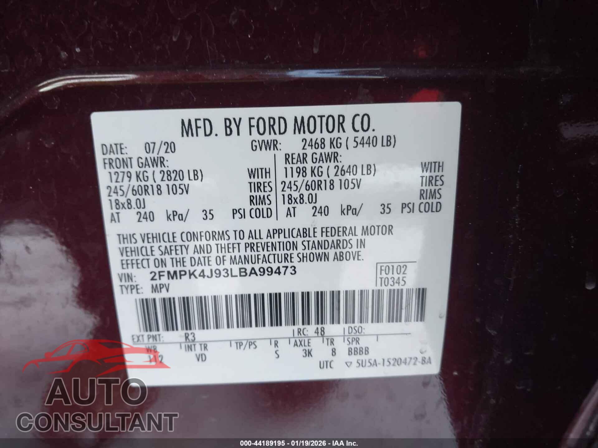 FORD EDGE 2020 - 2FMPK4J93LBA99473